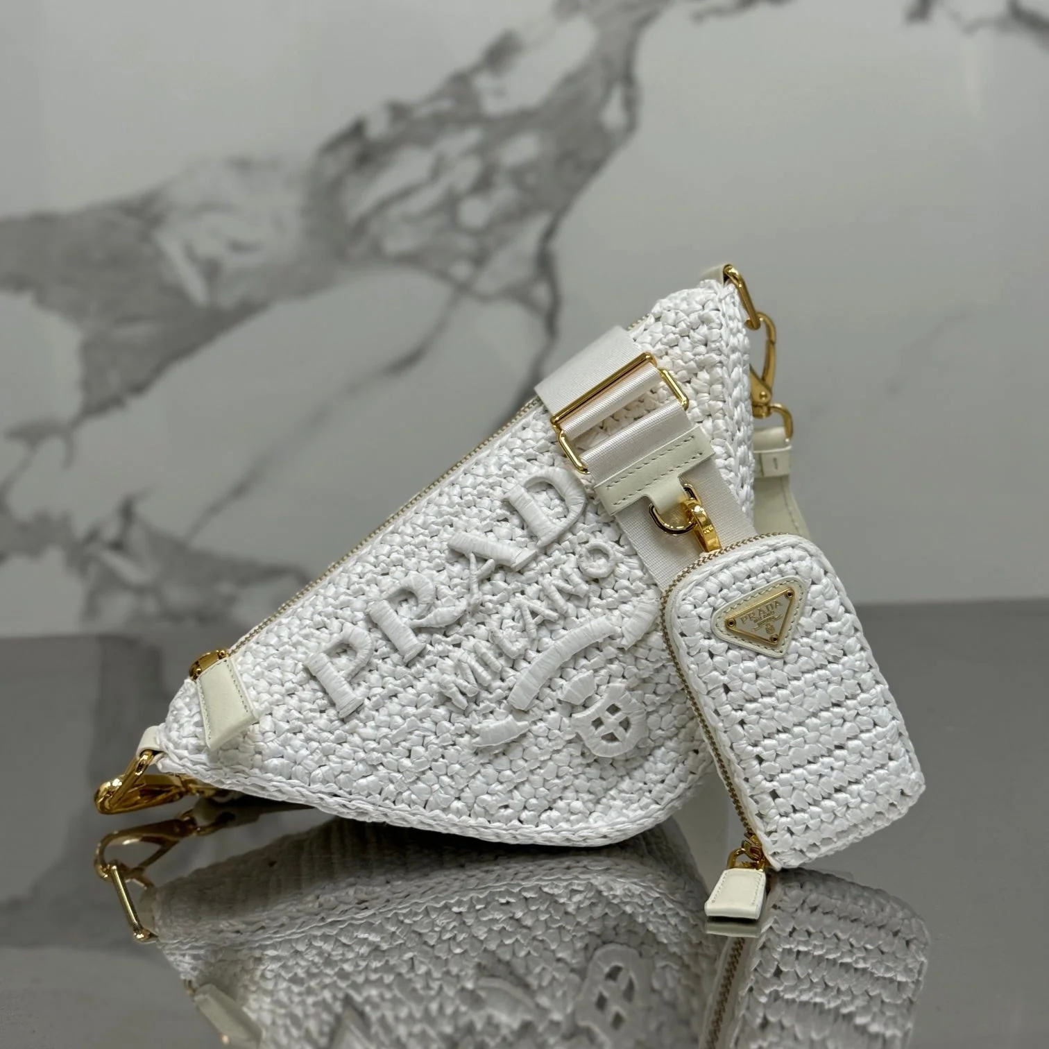 Prada CROCHET TRIANGLE BAG 26 IN WHITE RAFFIA GOLD HARDWARE