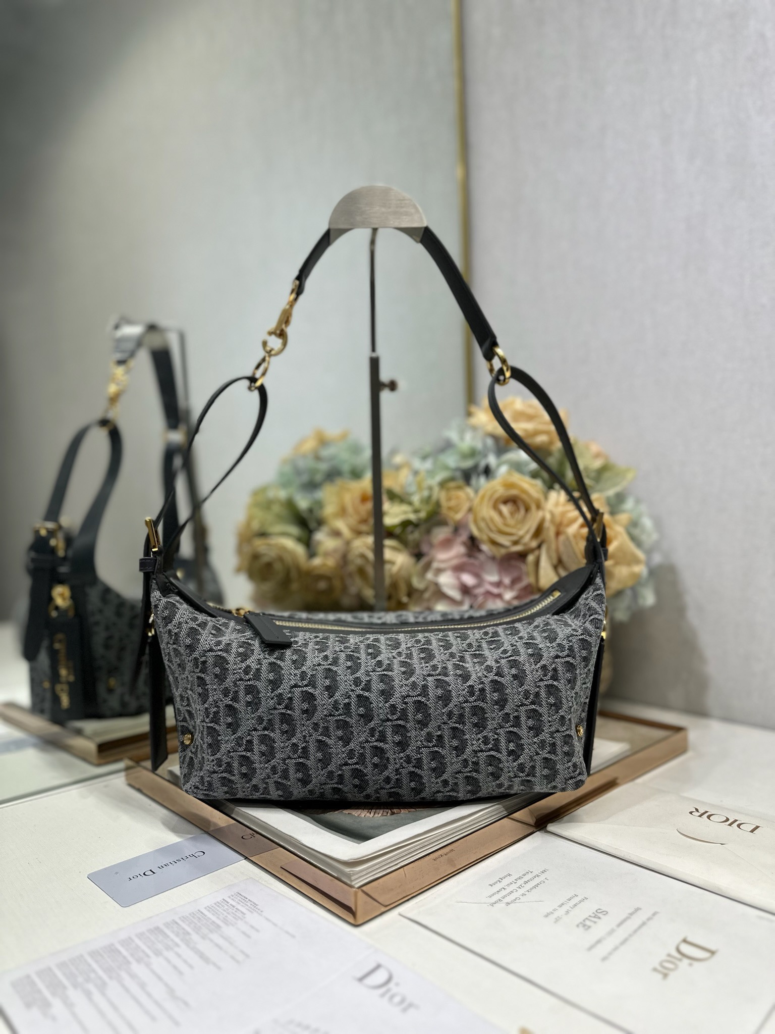 Dior D-Journey Small Shoulder Bag in Dark Grey Oblique Canvas and Leather