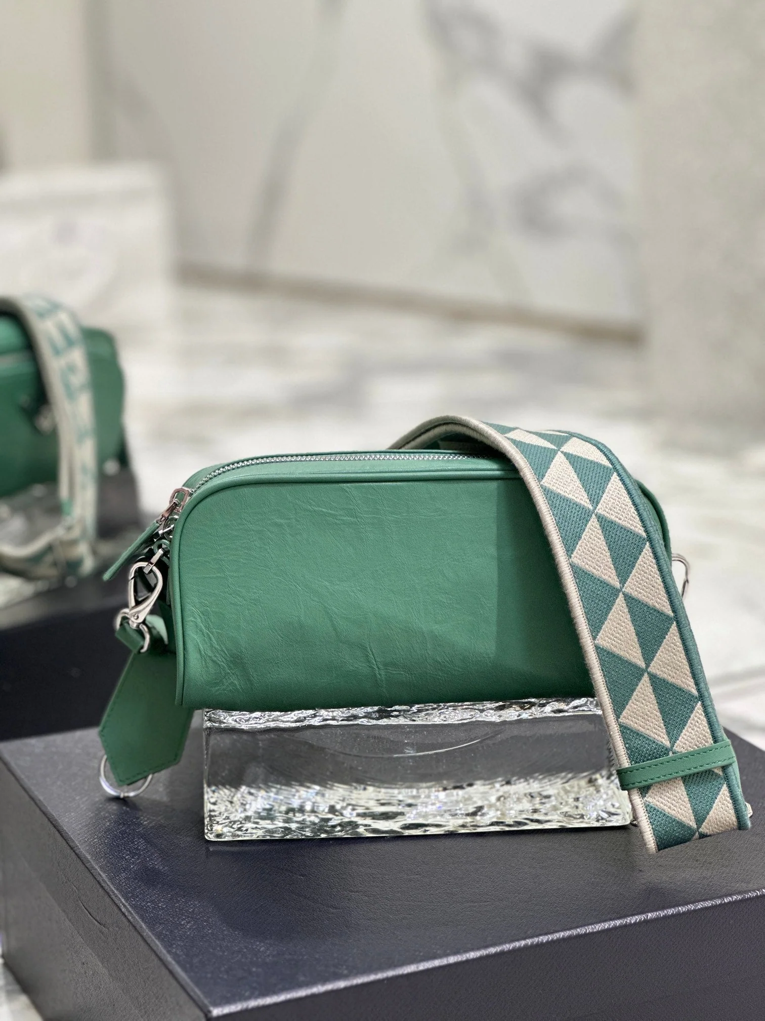 Prada CAMERA BAG 23 IN CASTLETON GREEN WRINKLED LAMBSKIN
