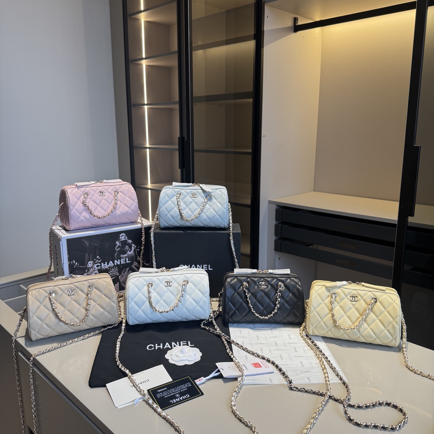 Chanel Mini Quilted Caviar Leather CC Logo Bowling Chain Link Handles Boston Bag - KAIROO