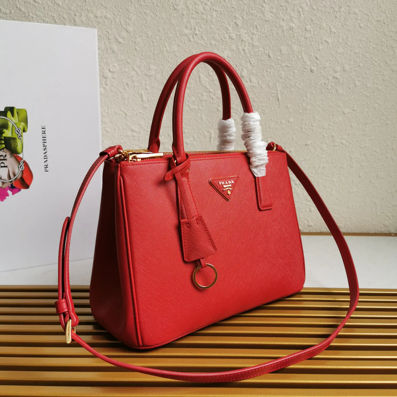 Prada GALLERIA 28 BAG IN CHERRY RED SAFFIANO LEATHER