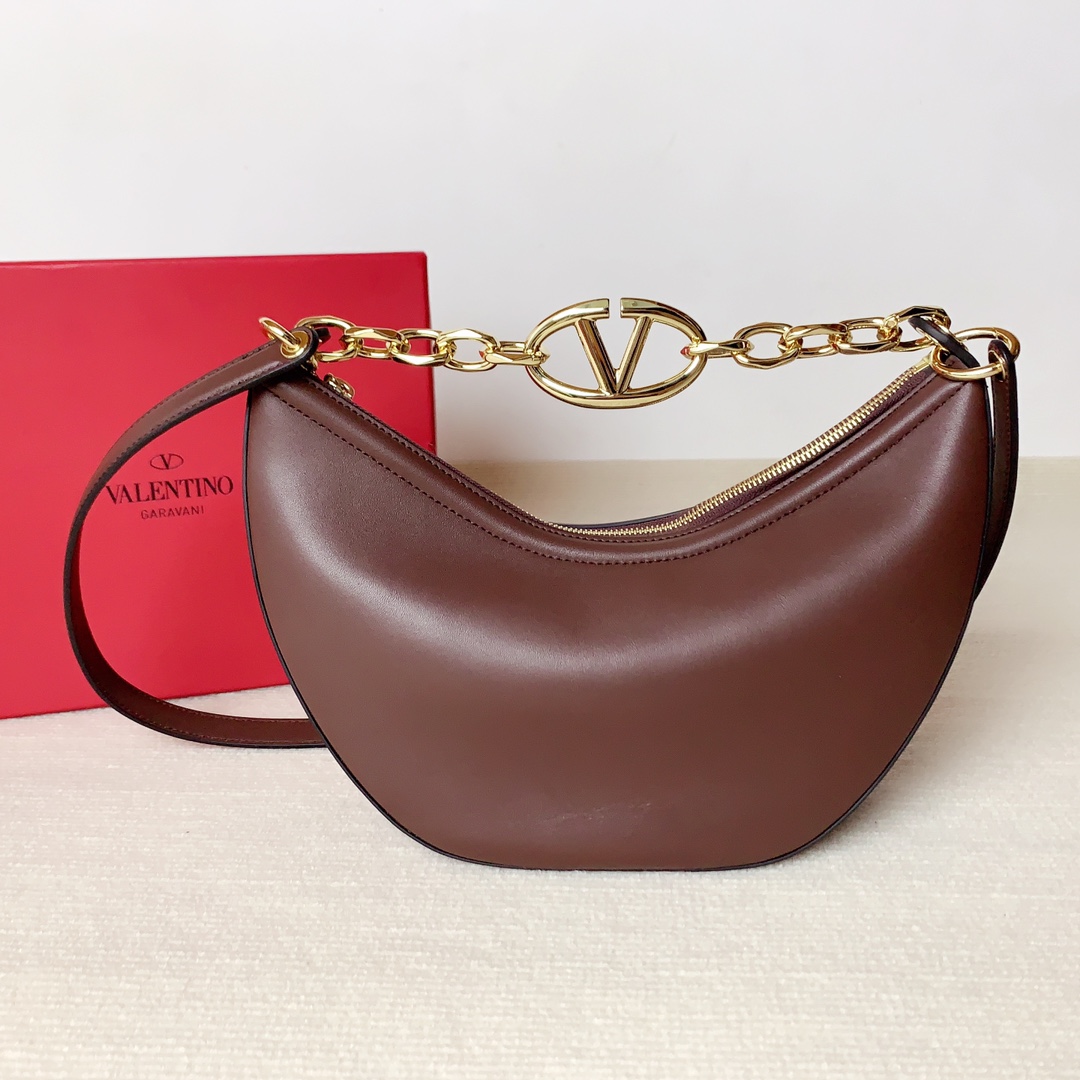 Valentino Small Vlogo Moon Hobo in Smooth Calfskin-Dark brown