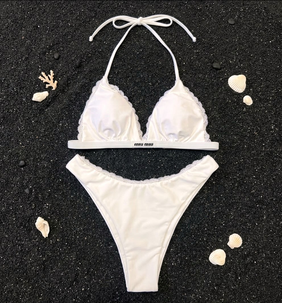 Miu Miu White Lace Trim Triangle Bikini Two-Piece Bikini Swimsuit - KAIROO