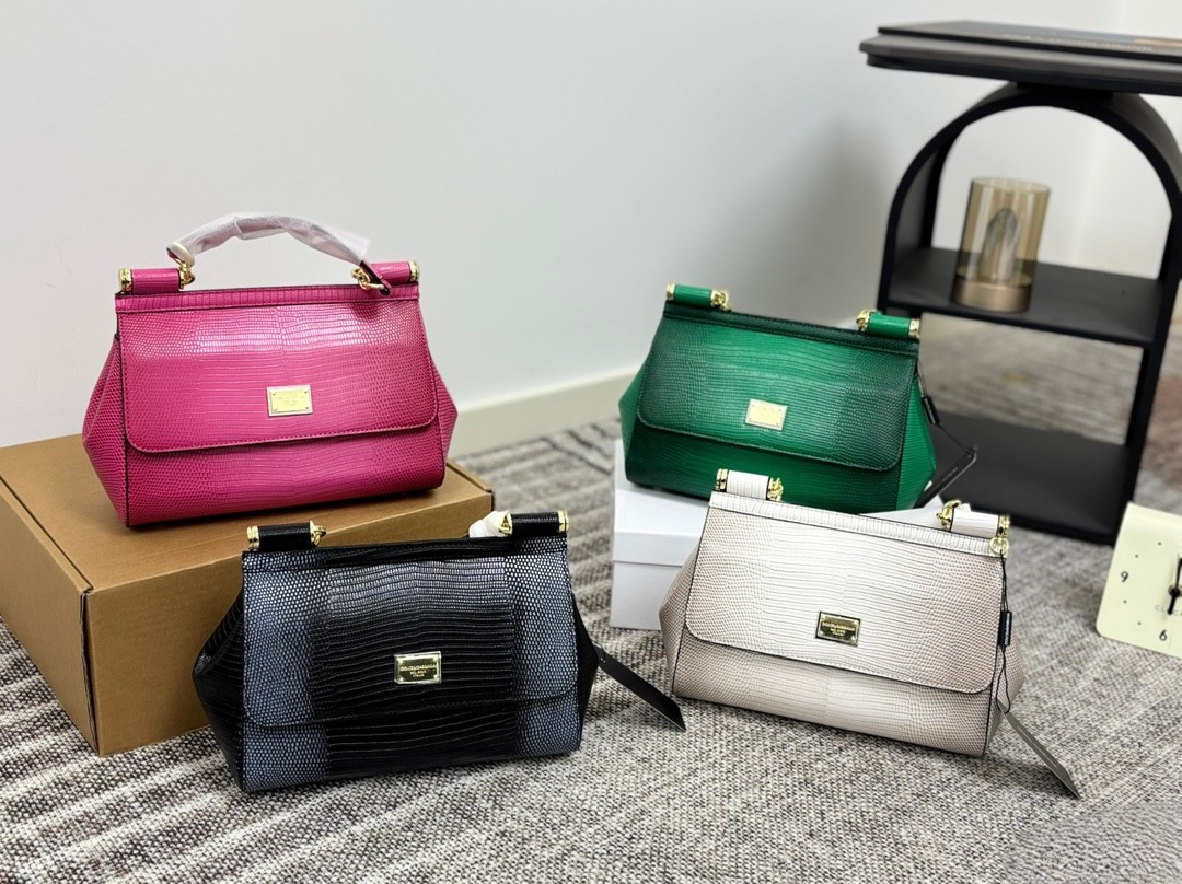 DOLCE & GABBAN DG Sicily Medium Lizard Embossed Leather Gold Logo Plate Top Handle Bag - KAIROO