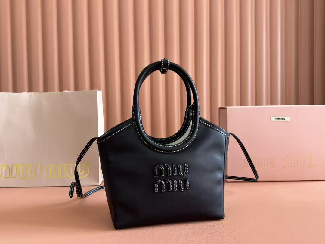 Miu Miu Black Leather Logo Embroidery Basket Handle Tote Crossbody Bag - KAIROO