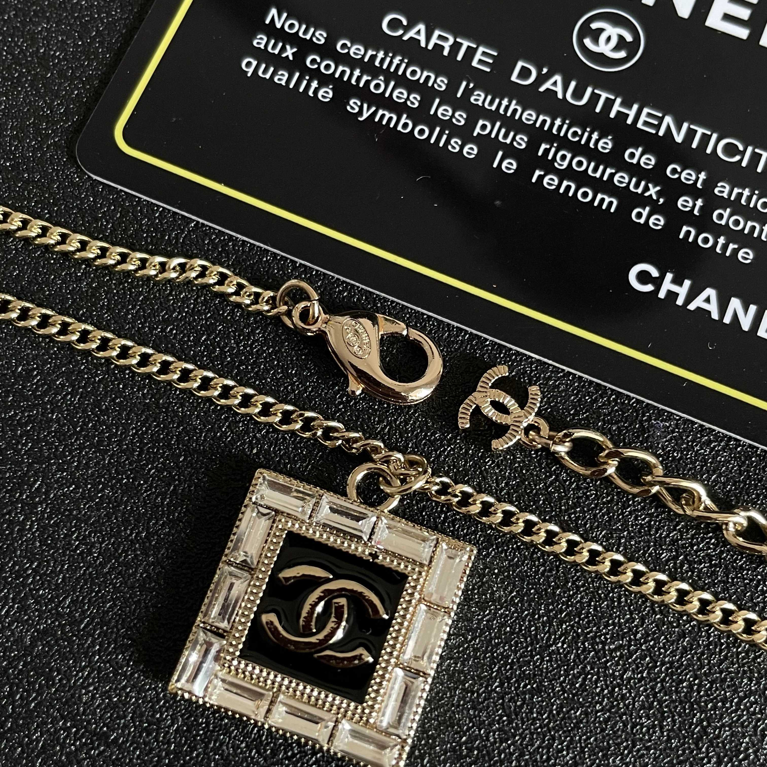 Chanel Square CC Baguette Crystal Black Enamel Pendant Necklace - KAIROO