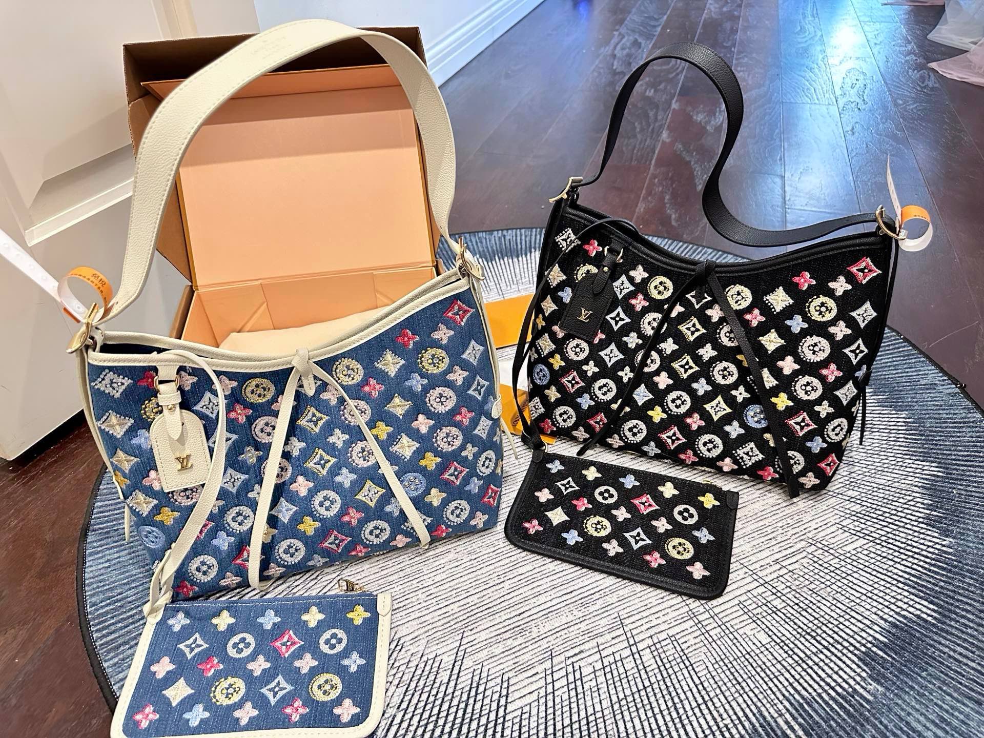 Louis Vuitton LV Carryall PM Colorful Denim Monogram Embroidery Hobo Tote Shoulder Bag With Pouch - KAIROO