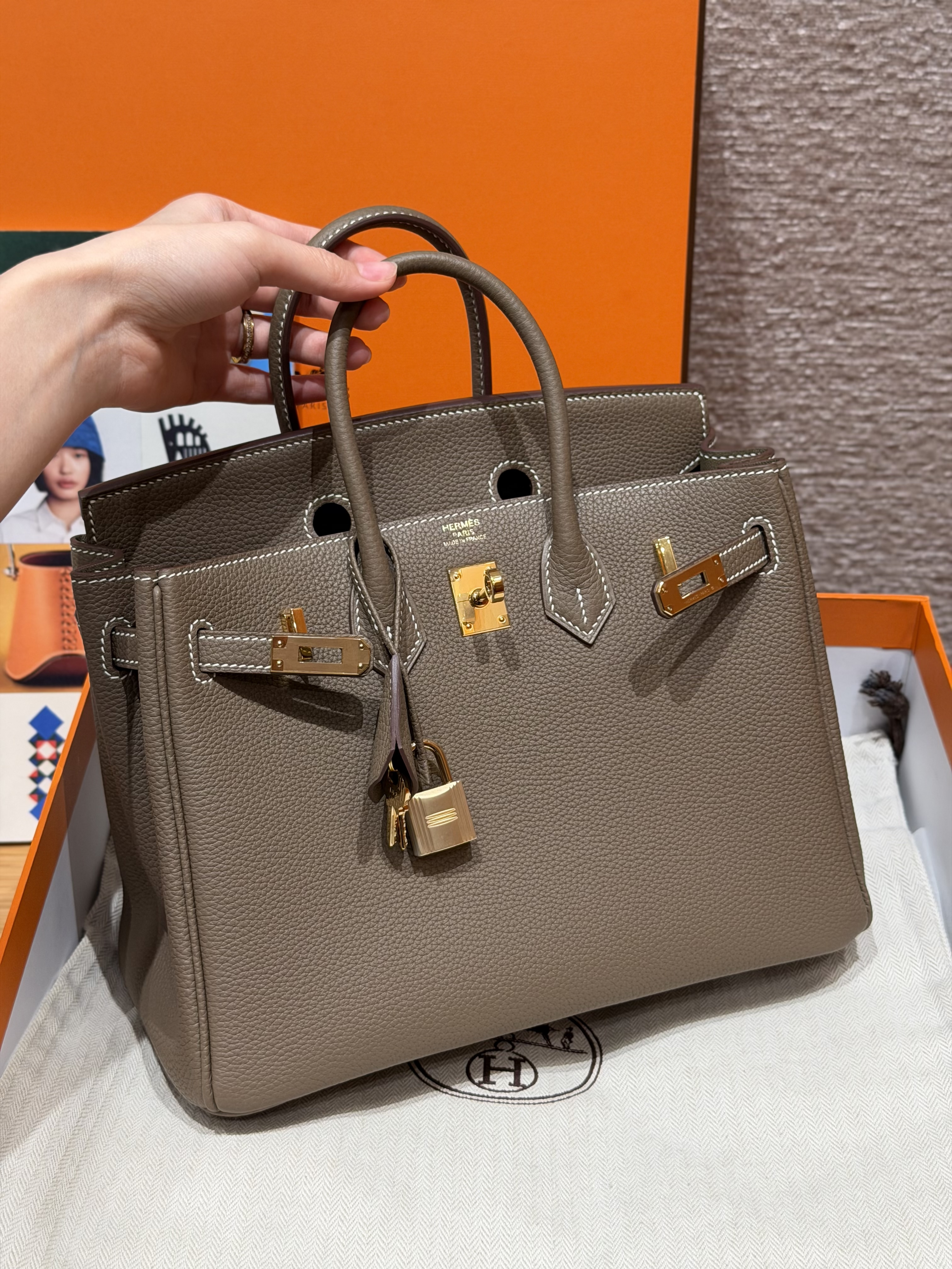 Hermes Etoupe Togo Birkin 25 Bag