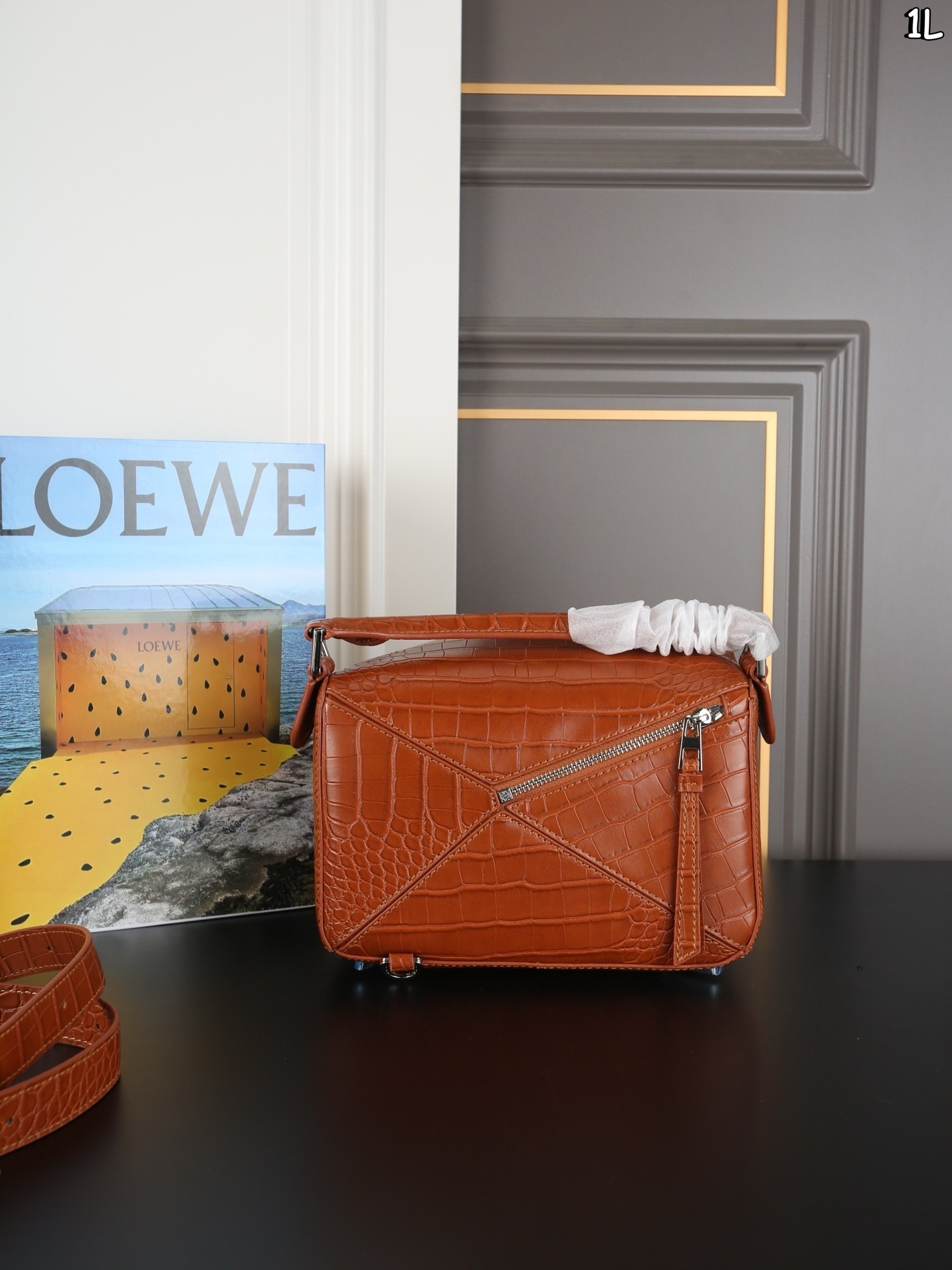 Loewe Small Brown Puzzle Geometric Edge Croc-Embossed Leather Anagram Handle Shoulder Bag - KAIROO