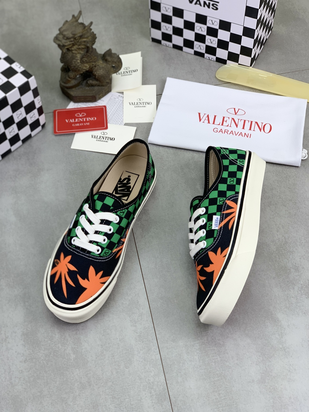 Valentino Garavani x Vans Green Checkerboard VLogo Orange Leaf Print Canvas Authentic Low Top Sneakers - KAIROO