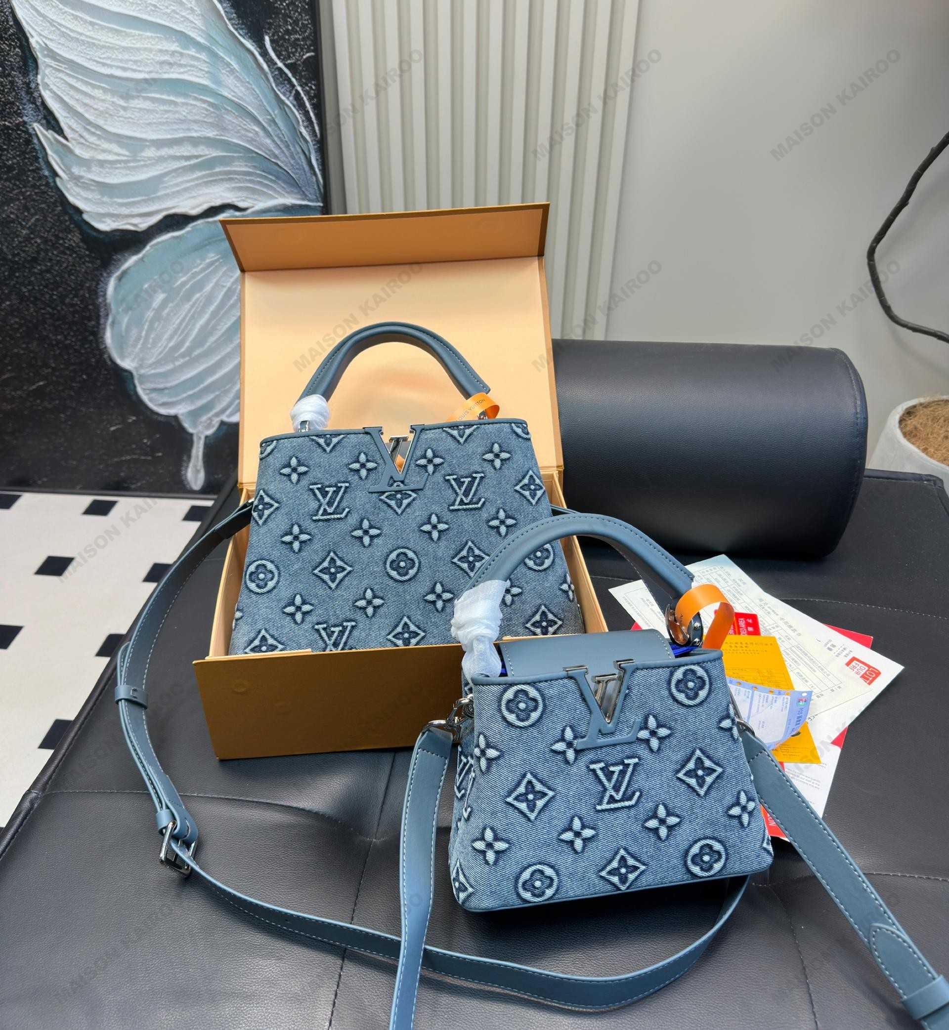 Louis Vuitton LV Capucines BB/Mini Blue Monogram Jacquard Denim Leather Tone Logo Top Handle Bag - KAIROO