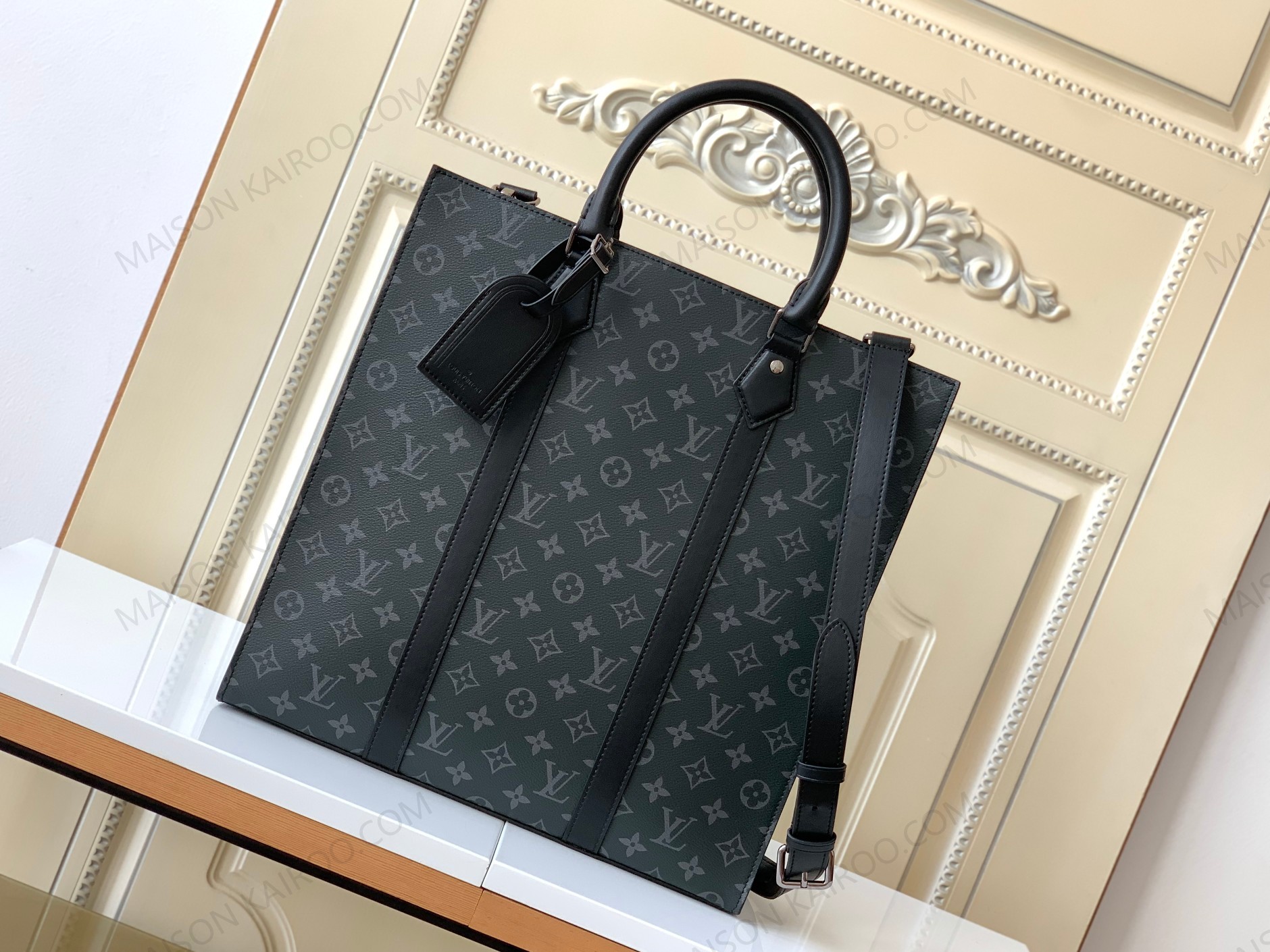 Louis Vuitton LV Sac Plat MM Black Eclipse Monogram Canvas Handheld Briefcase Vertical Tote Bag - KAIROO