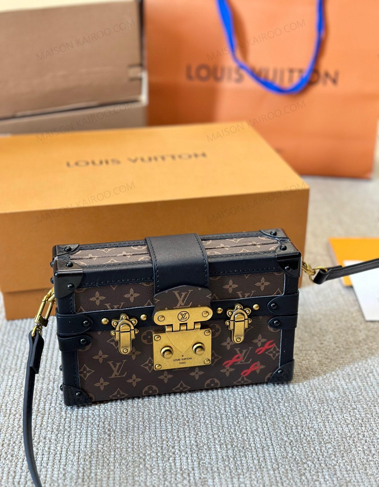 Louis Vuitton LV Petite Malle Trunk Monogram Canvas Black Leather S-Twist Lock Shoulder Crossbody Bag - KAIROO