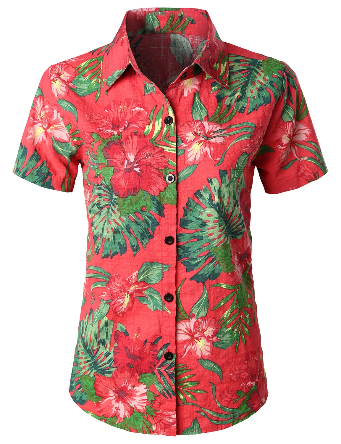 Women's Red Floral Print Cotton Aloha Hawaiian Breathable Short Sleeve Shirt