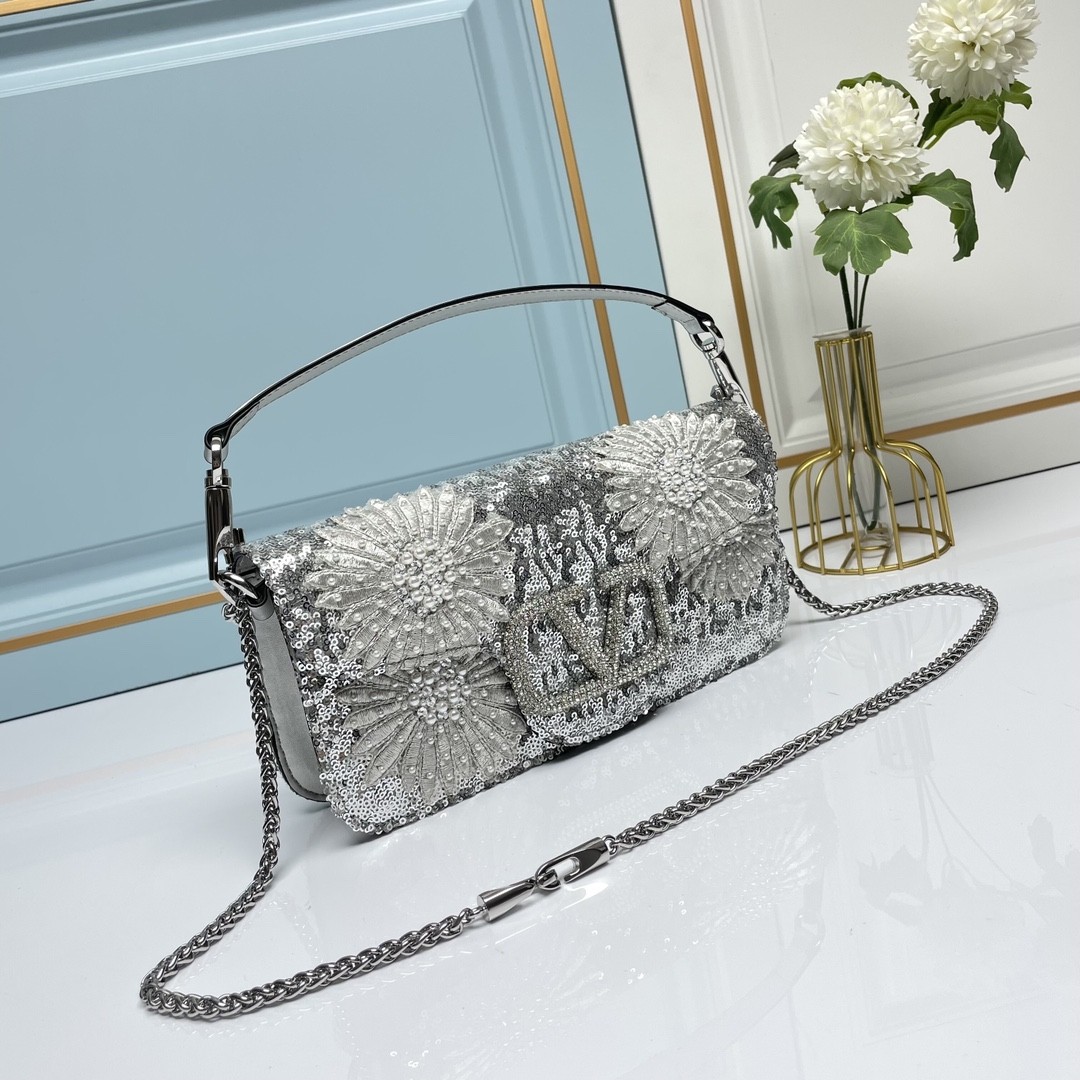 Valentino Loco Silver Small Sequin 3D Floral Pearl Embroidery Leather Crystal VLogo Top Handle Bag - KAIROO