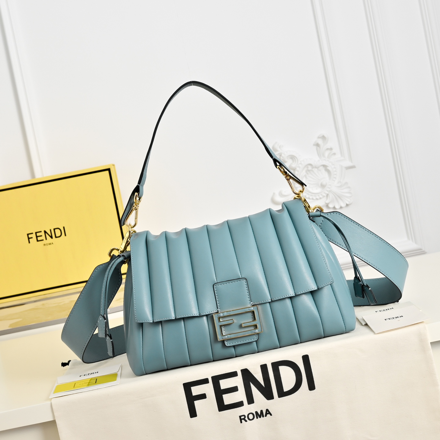 Fendi Misty Blue Pleated Leather Baguette Handbag - KAIROO