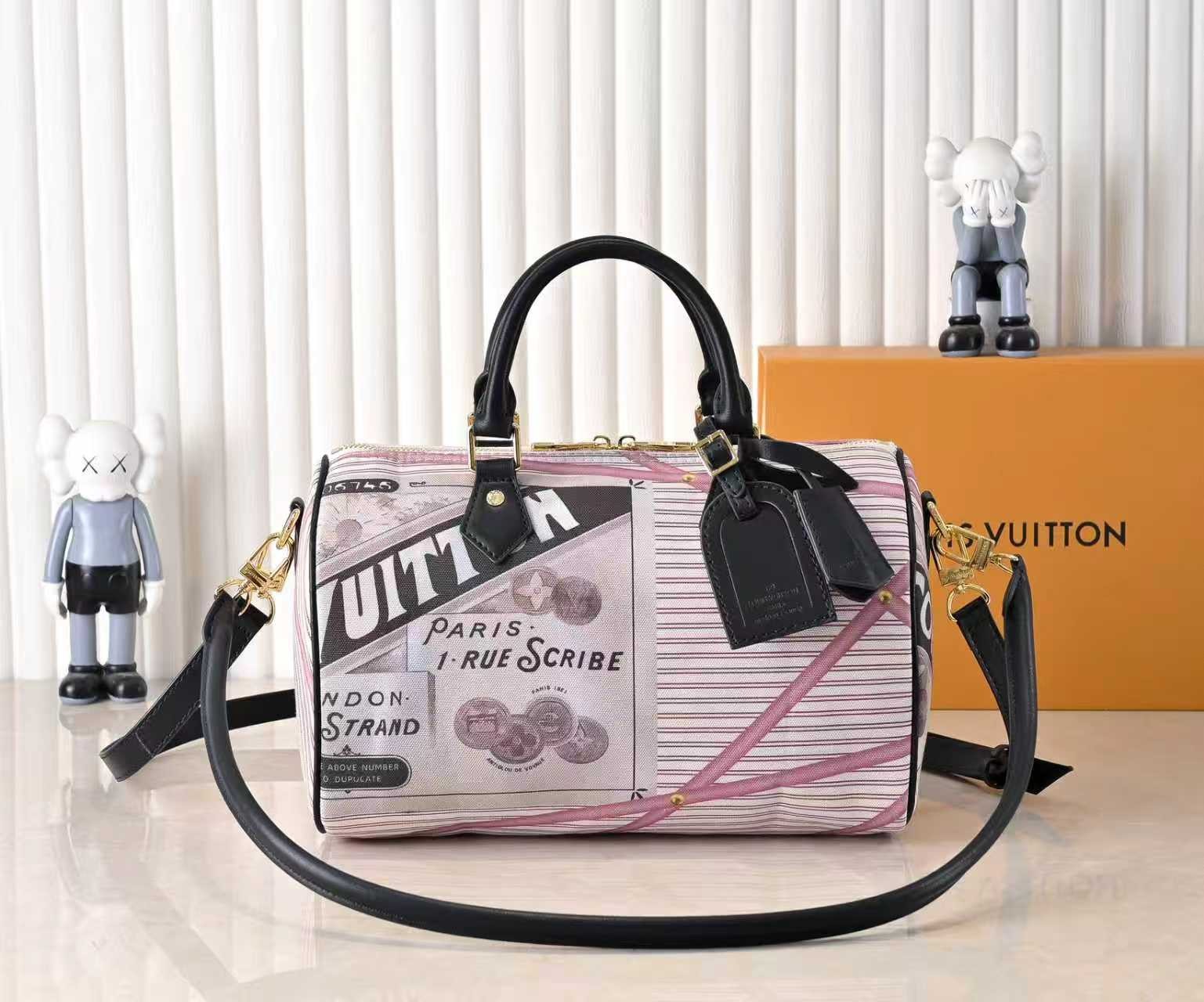 Louis Vuitton LV Speedy 30 Trunk Stripe Newspaper Print Canvas Leather Boston Top Handle Bag - KAIROO