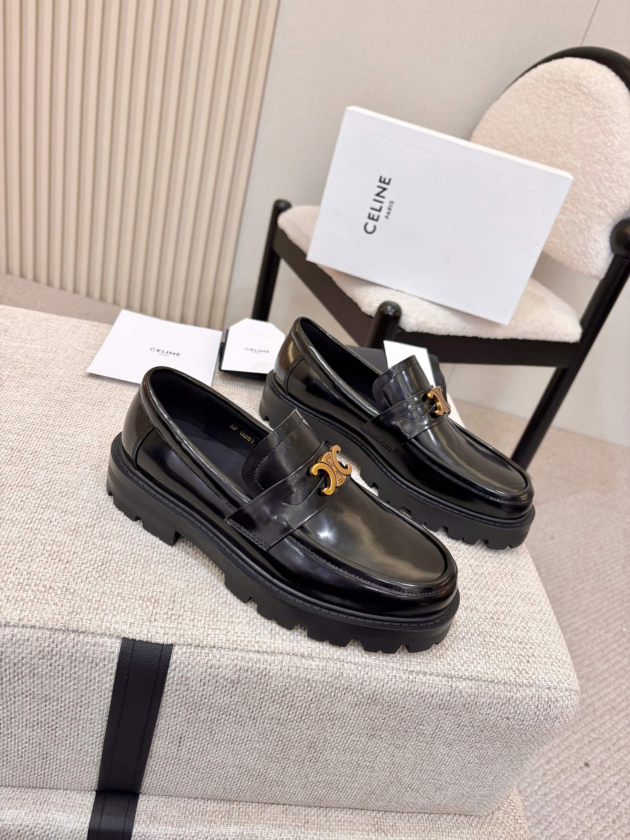 Celine Black Margaret Loafers with Triomphe in Polished calfskin