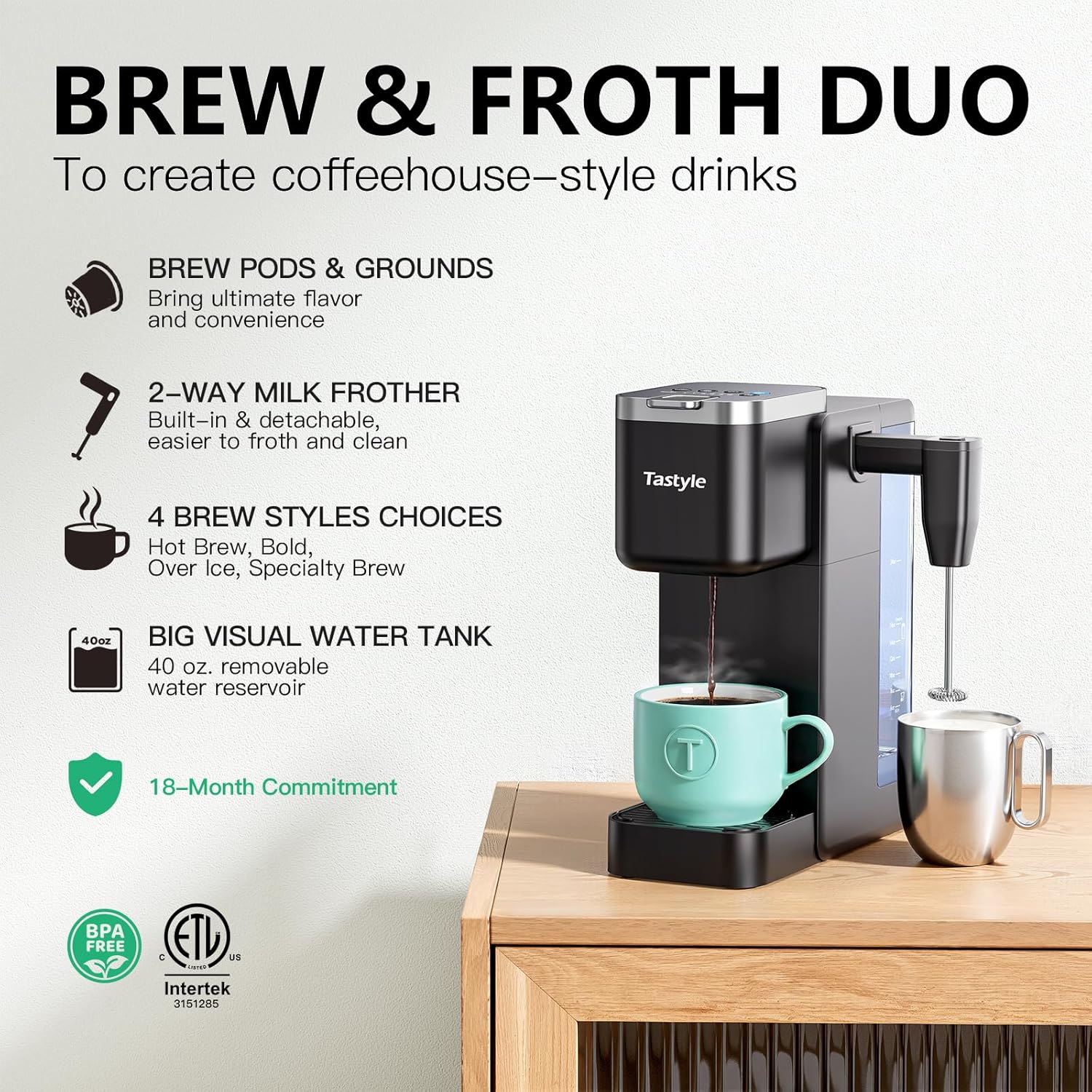 Single Serve Coffee Maker with Built-in Detachable Milk Frother, Iced and Hot Coffee Machine for K Cup & Grounds, 40oz Removable Water Reservoir, 6 Cup Sizes, Fits 7.3