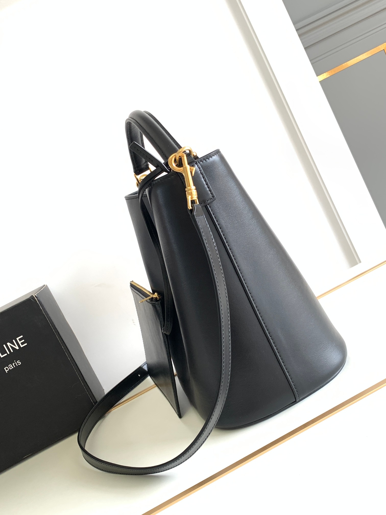 Celine Louise Medium Bucket Bag in Black Calfskin