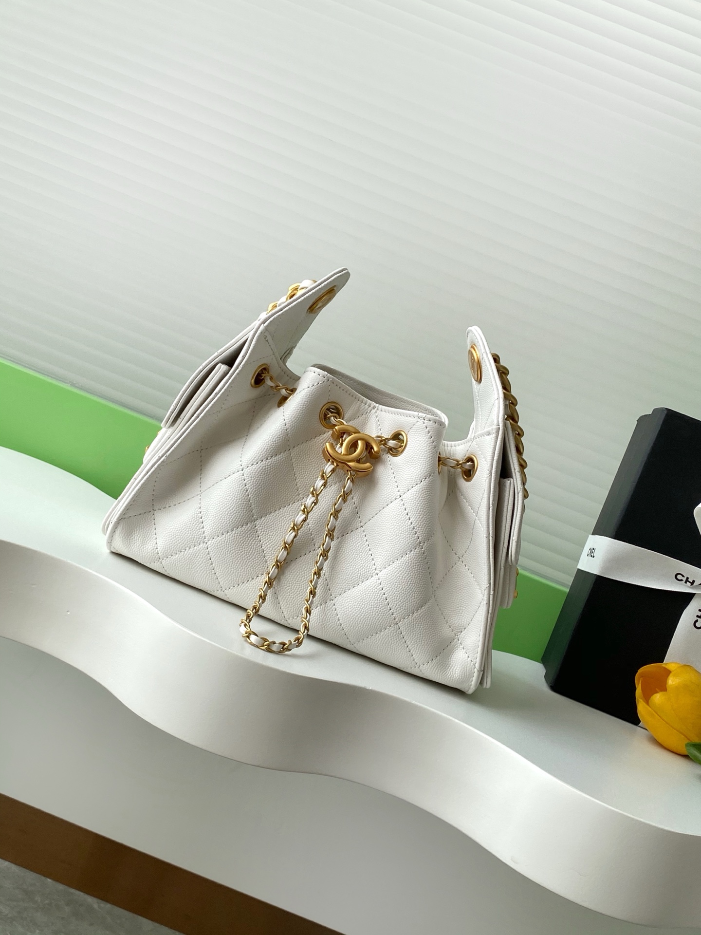 Chanel 25 Mini Handbag in White Grained Calfskin