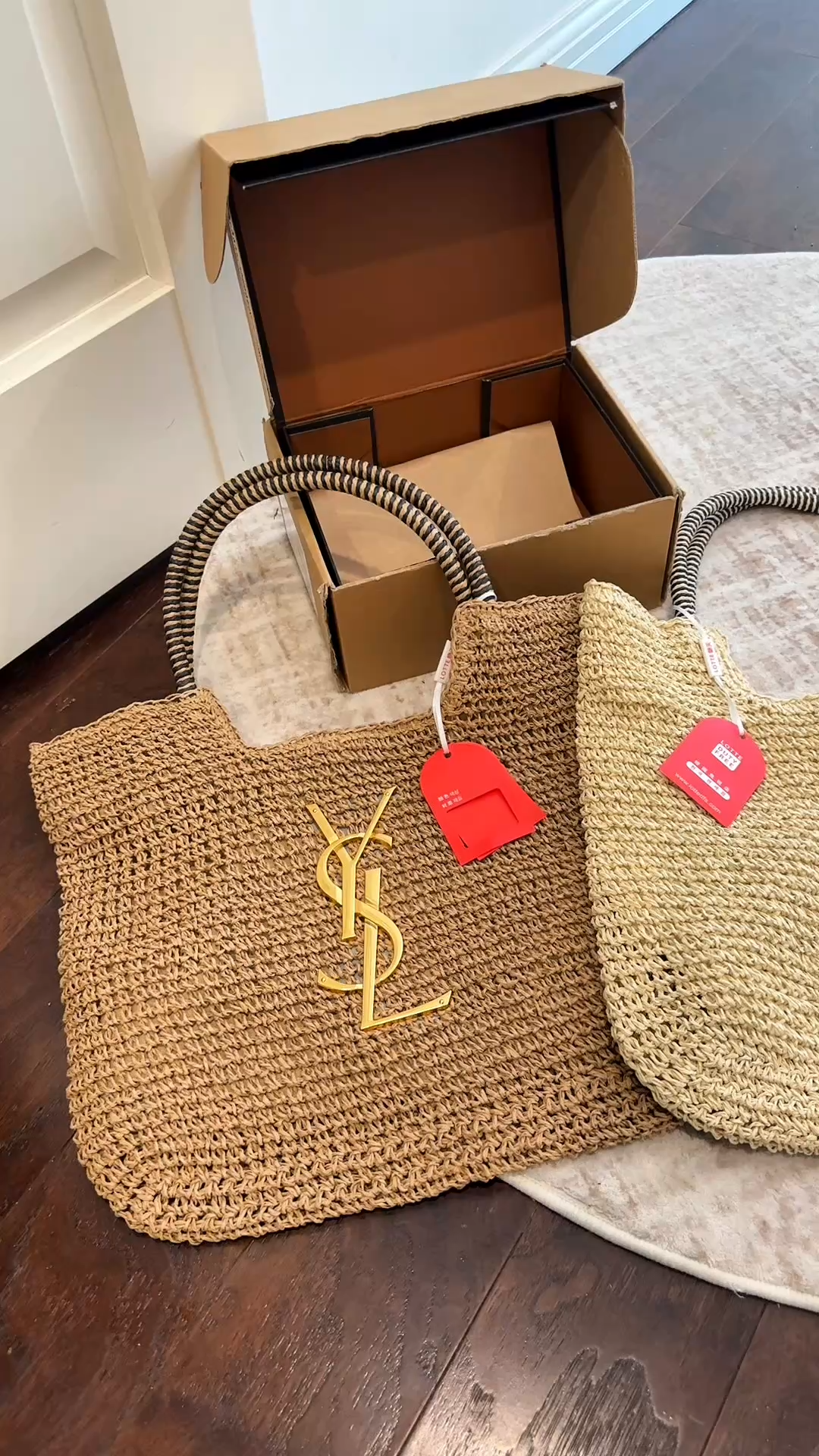 Saint Laurent Icare Maxi Gold Logo Dense Weave Raffia Striped Wrapped Top Handle Tote Bag - KAIROO