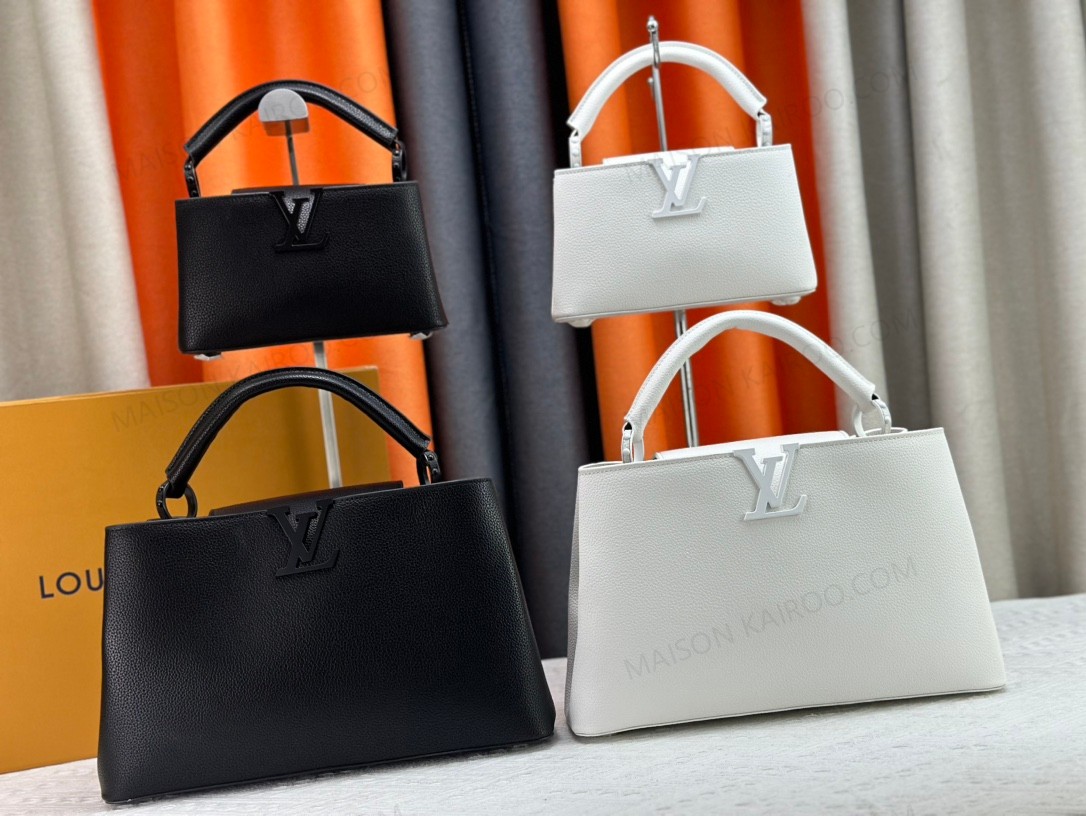 Louis Vuitton LV Capucines East West & Mini White/Black Grained Leather Tone Logo Horizontal Top Handle Bag - KAIROO