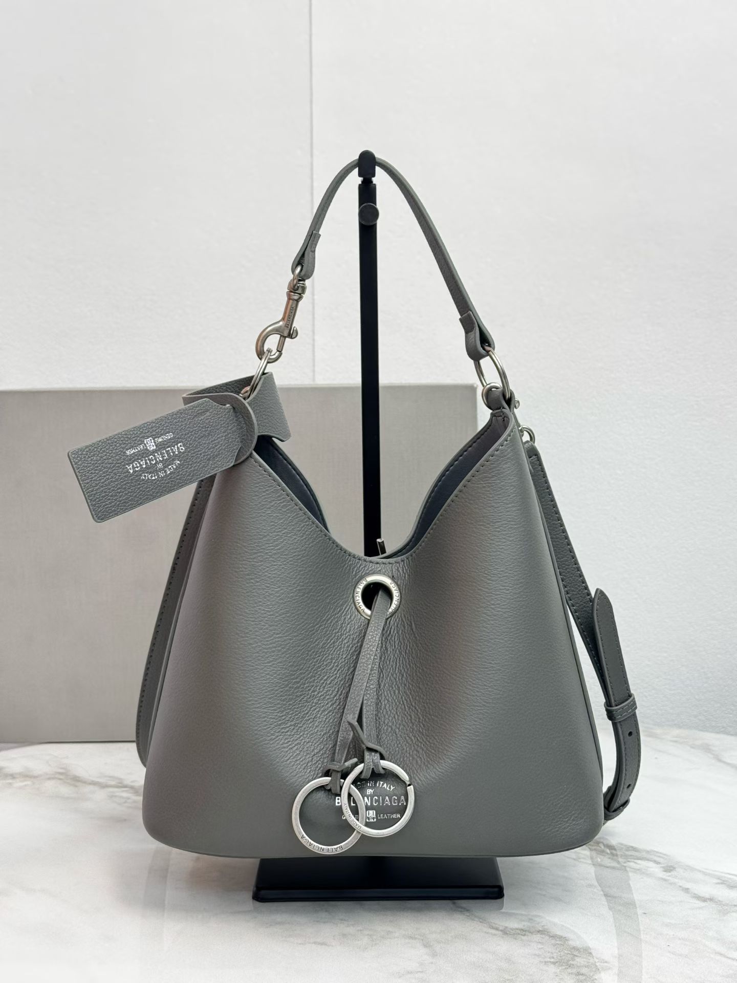 Balenciaga Duty Free Small Grey Pierced Soft Grained Leather Silver Ring Hobo Tote Bag - KAIROO