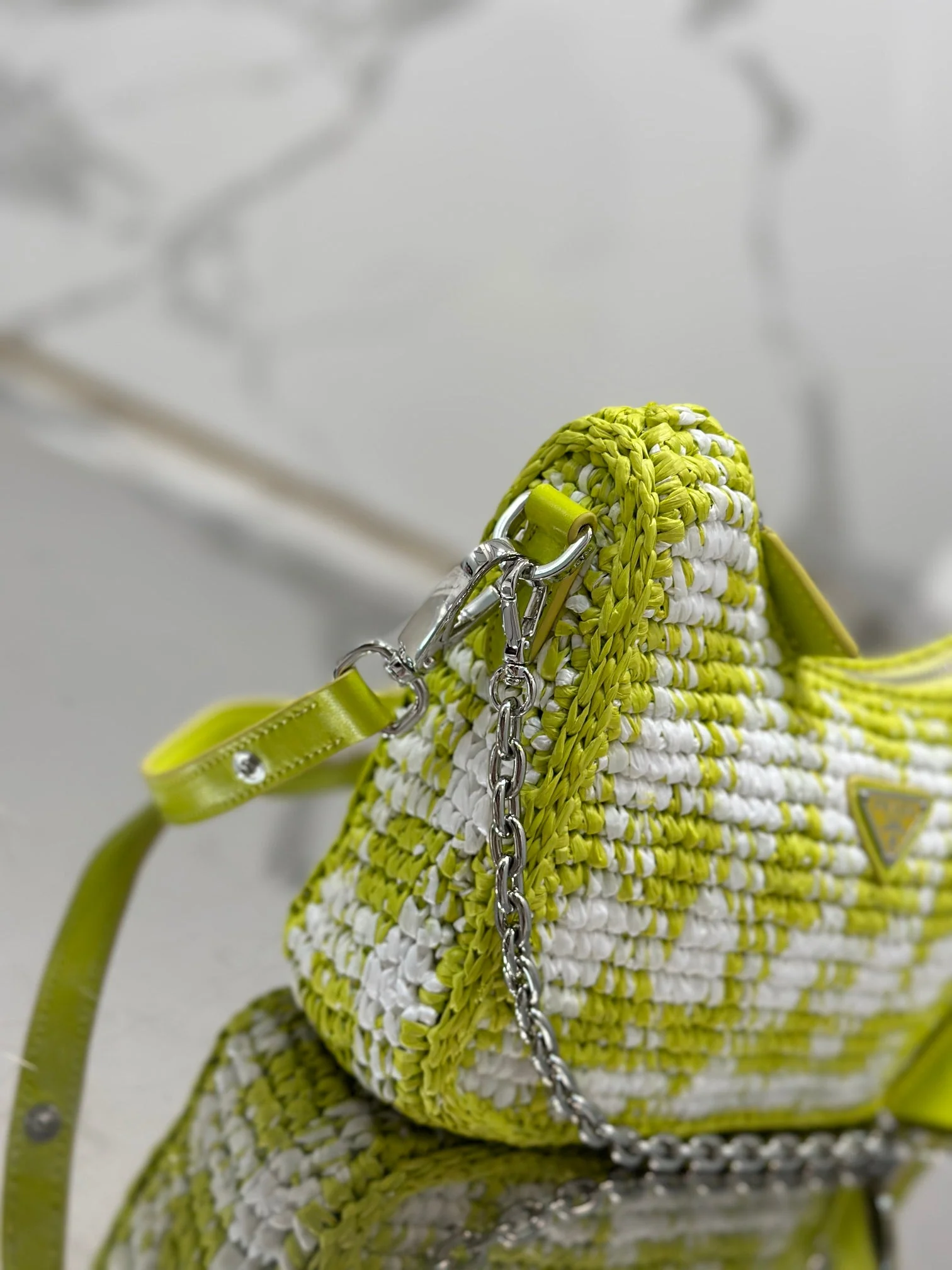 Prada CROCHET HOBO BAG 22 IN VOLT GREEN MIX WHITE RAFFIA SILVER HARDWARE