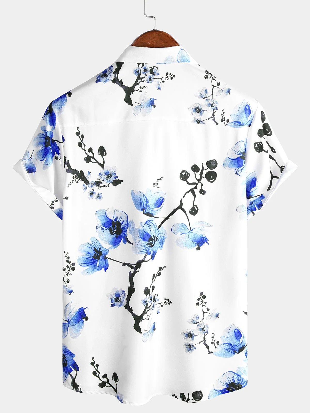 Men's Blue Floral Cherry Blossom Print Casual Short Sleeve Shirt