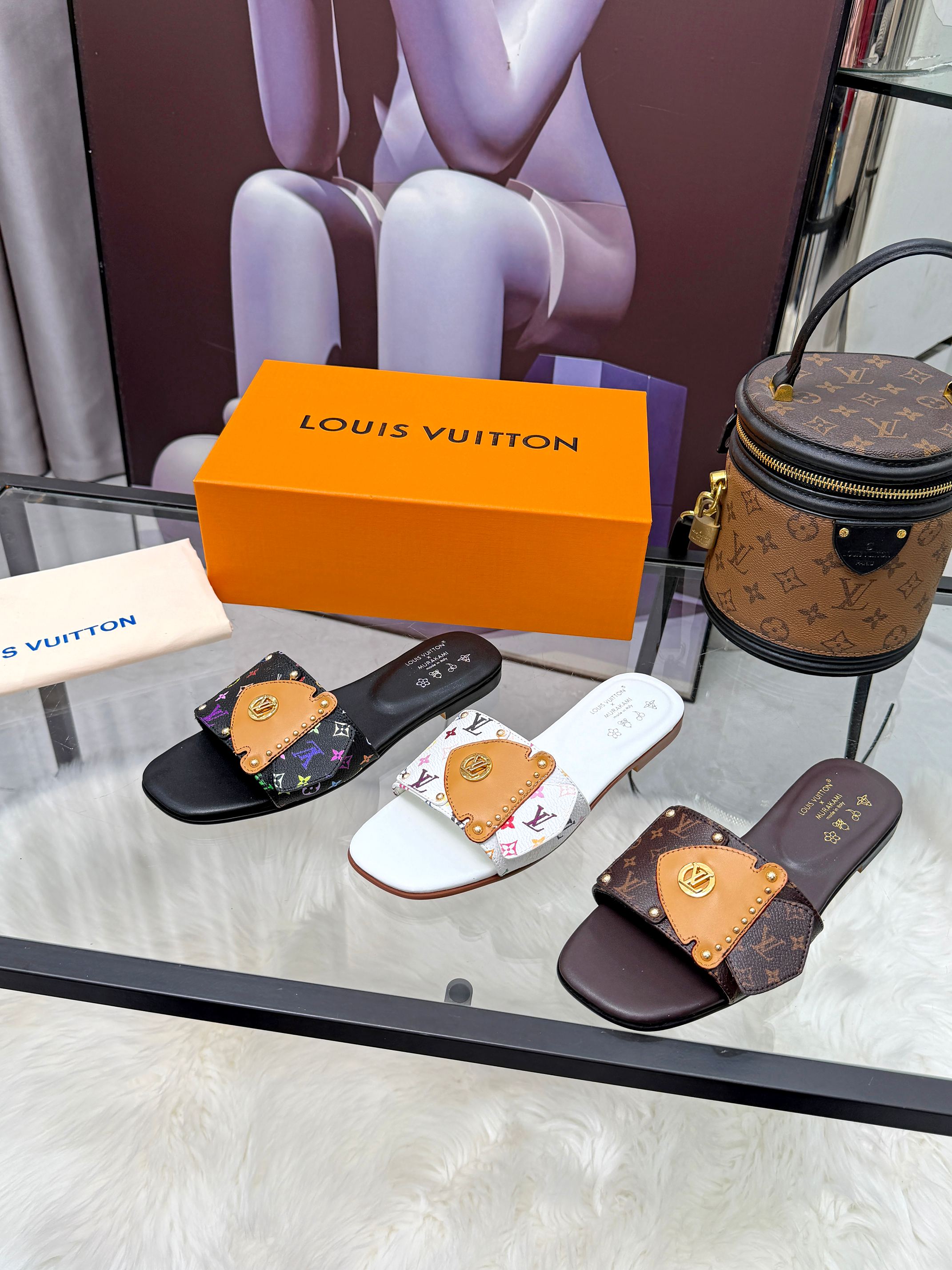 Louis Vuitton × Takashi Murakami Multicolor & Monogram Canvas Studded Plaque Lock It Flat Slides Sandals - KAIROO