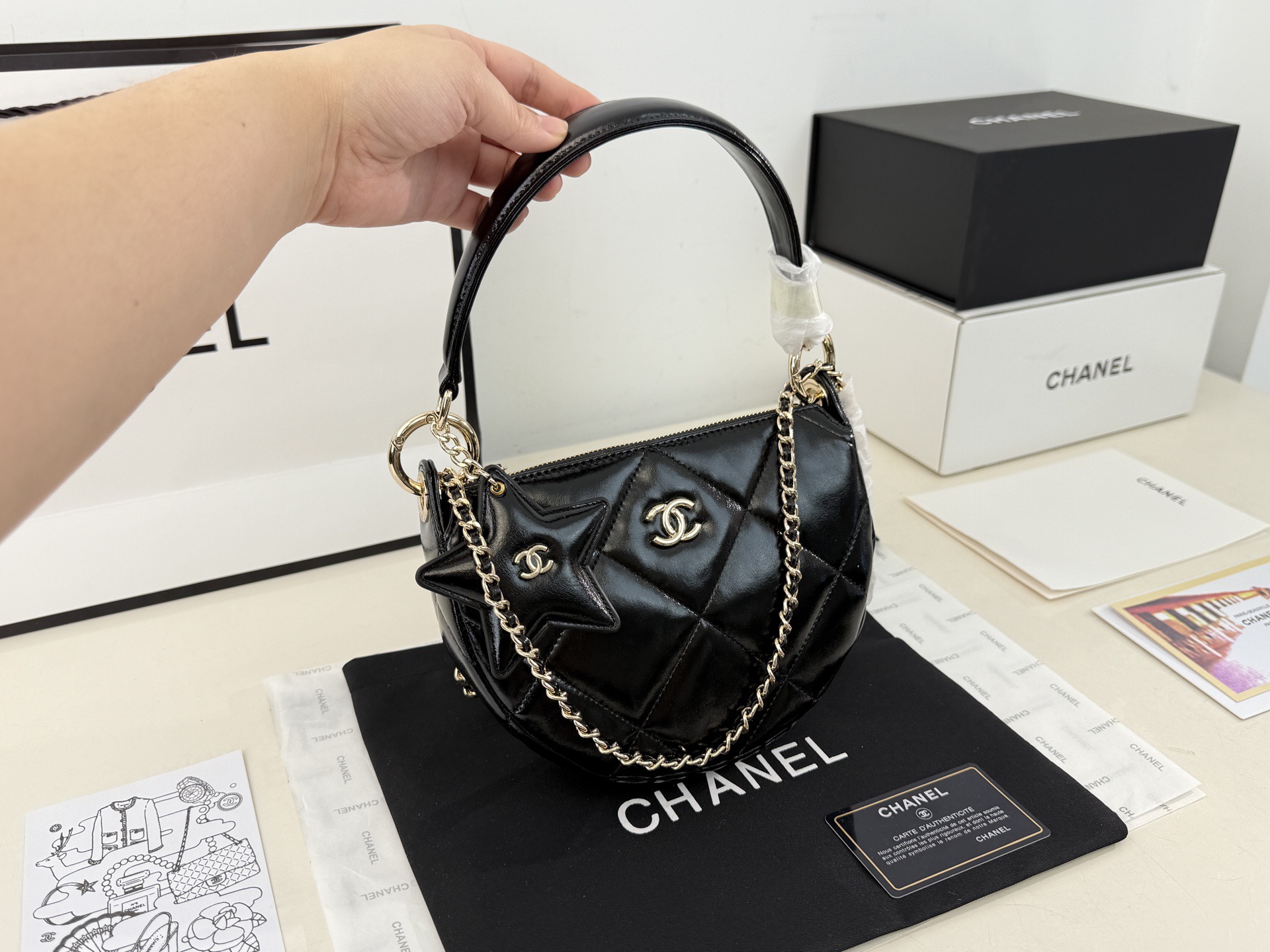 Chanel 25C Hobo Moon Quilted Shiny Leather Top Handle Chain Shoulder Bag With Star Mirror Charm - KAIROO