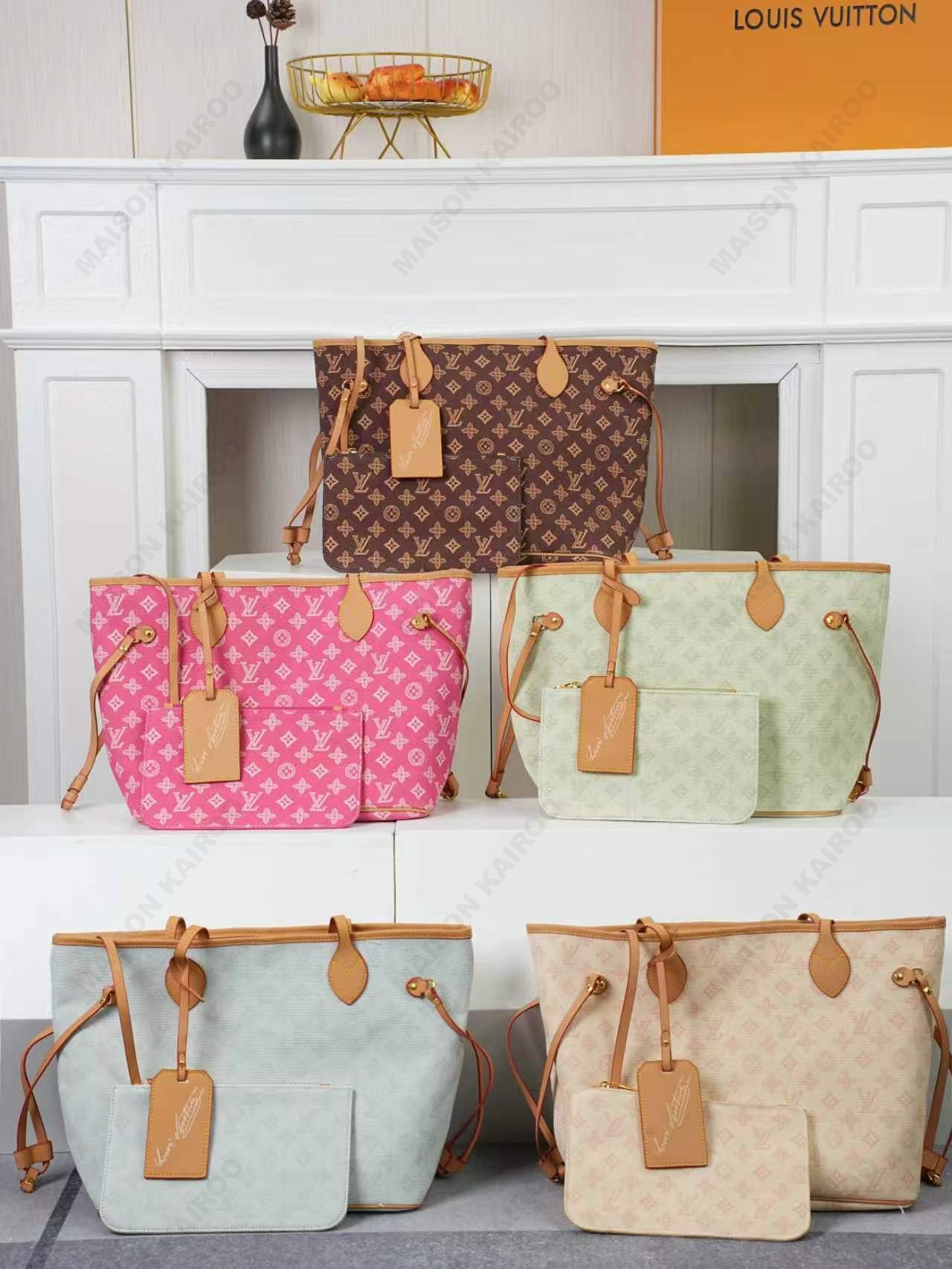 Louis Vuitton LV Neverfull MM Bicolor Mini Motif Monogram Origine Lin Tote Shoulder Bag With Pouch - KAIROO