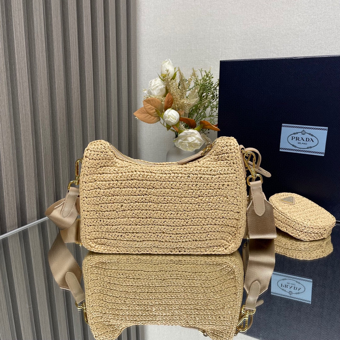 Prada  WOVEN HOBO BAG 23 IN BEIGE RAFFIA GOLD HARDWARE TRIANGLE LOGO