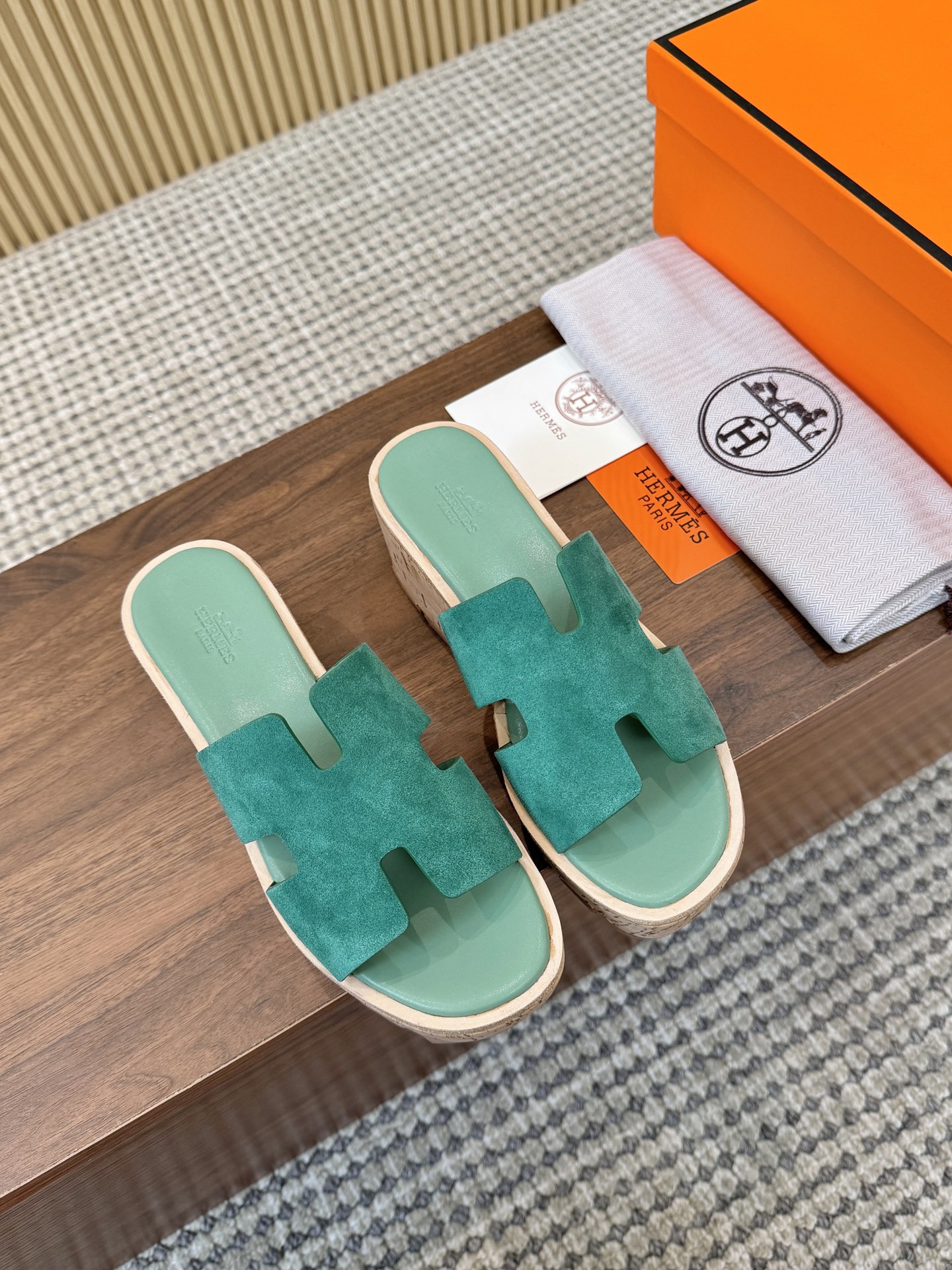 Hermes Green Suede Leather H-Cutout Cork Sole Slide Sandal - KAIROO