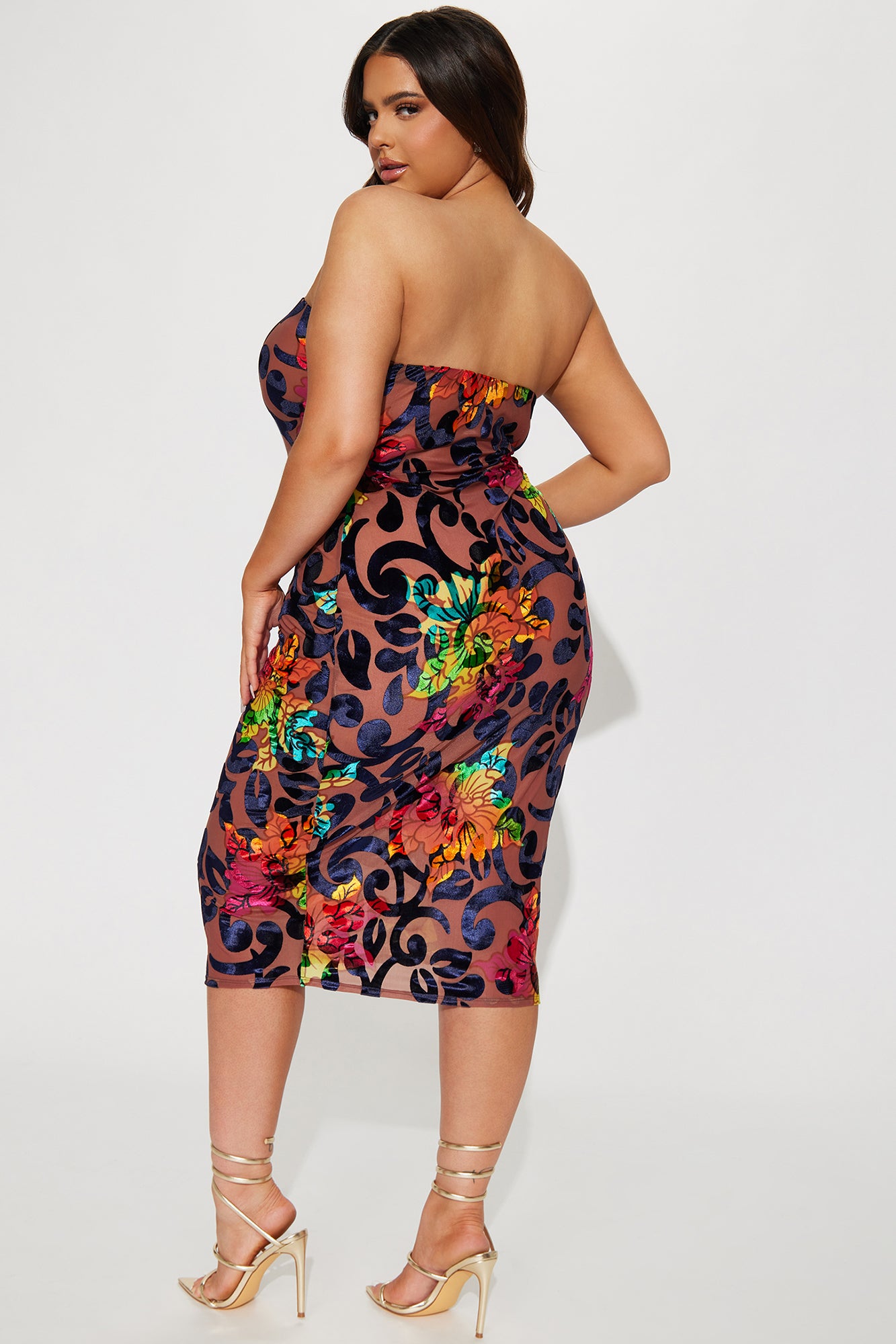 Nalini Velvet Burnout Midi Dress - Brown