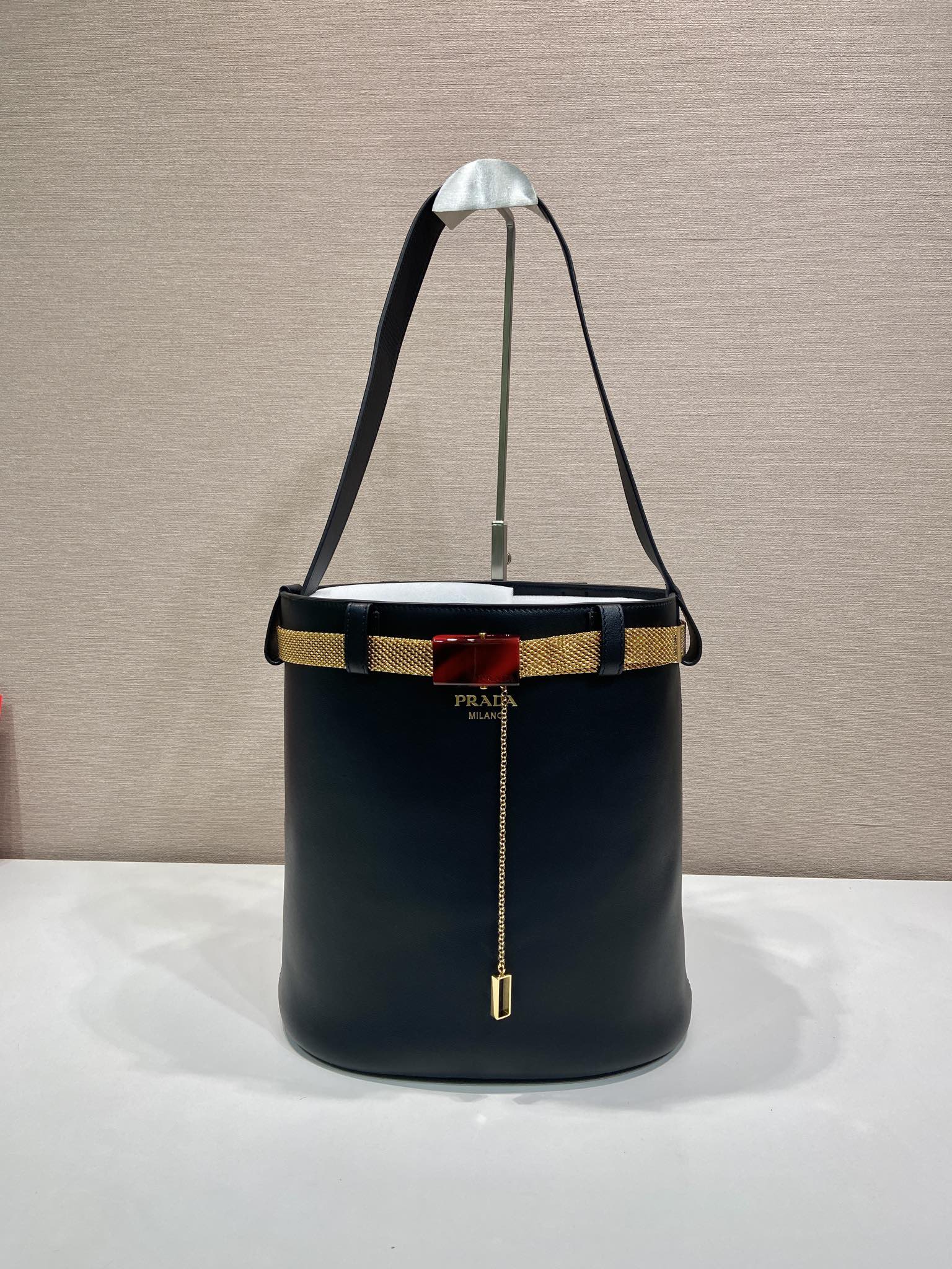 Prada PRA bucket bag iron chain black leather 341179