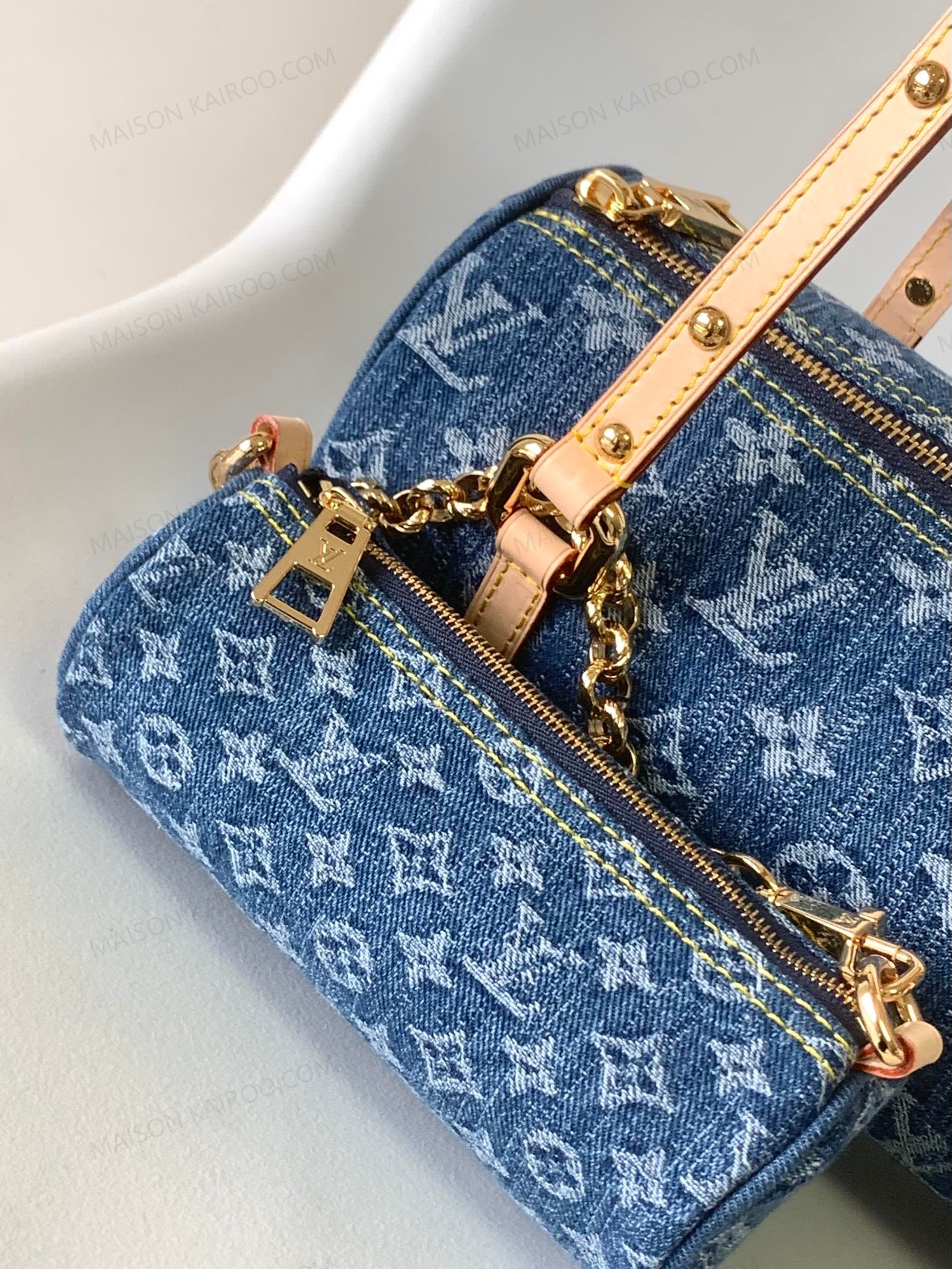 Louis Vuitton LV Papillon Washed Blue Monogram Denim Soft Cylindrical With Pouch Shoulder Bag - KAIROO