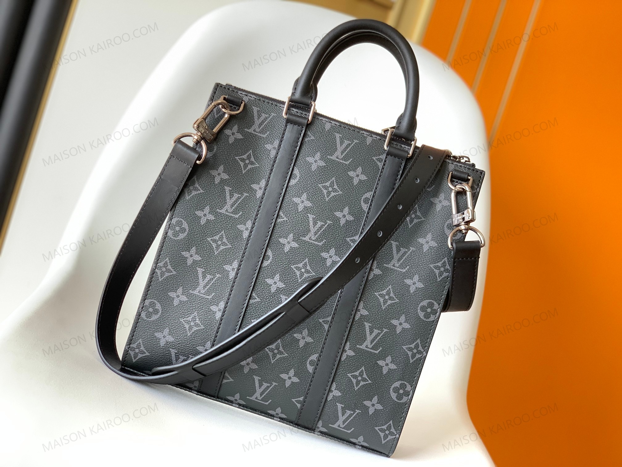Louis Vuitton LV Sac Plat PM Black Eclipse Monogram Canvas Handheld Briefcase Vertical Tote Bag - KAIROO