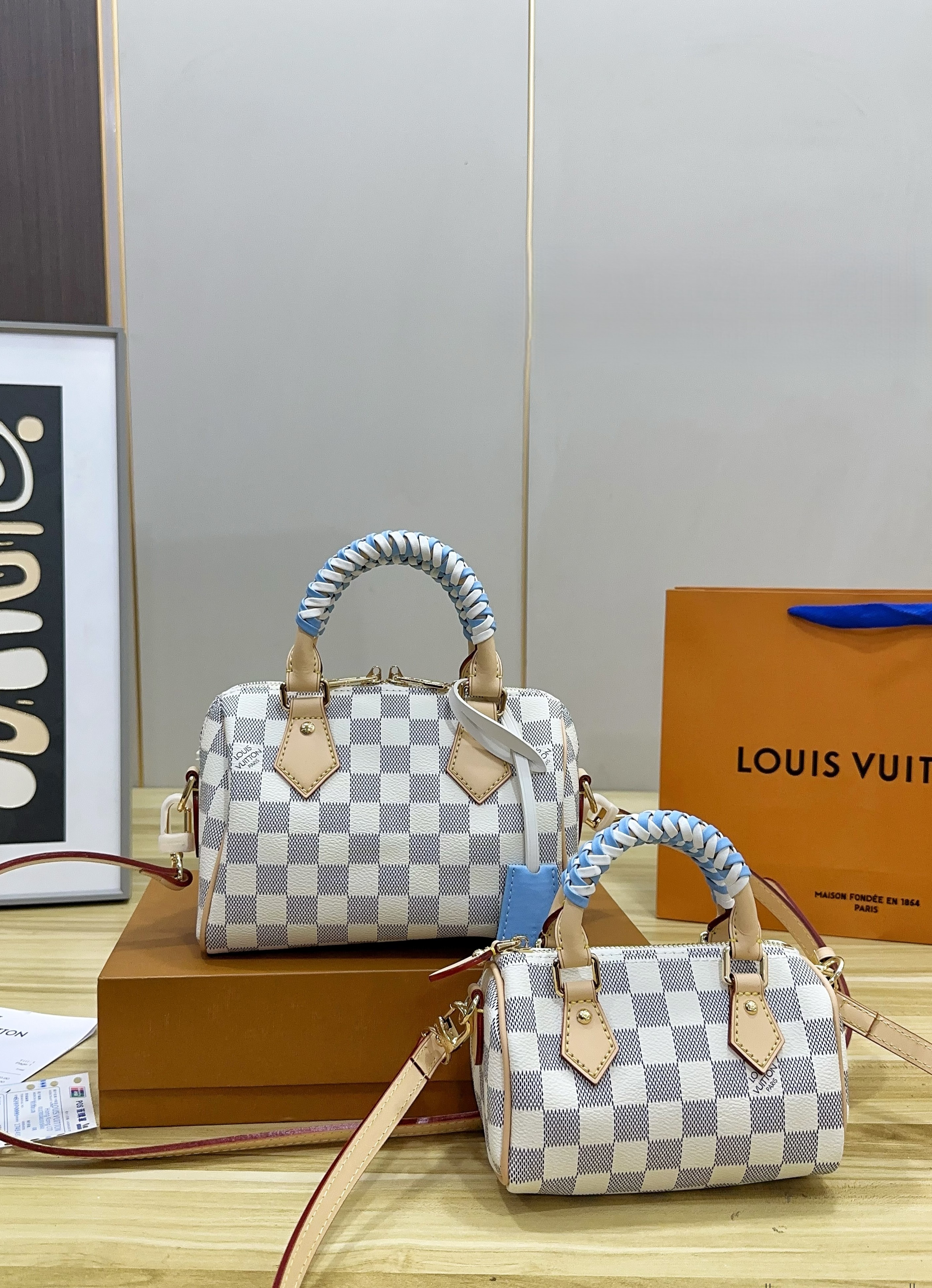 Louis Vuitton LV Speedy 16/20/30 Damier Azur Braided White Check Canvas  Bandoulière Top Handle Bag - KAIROO