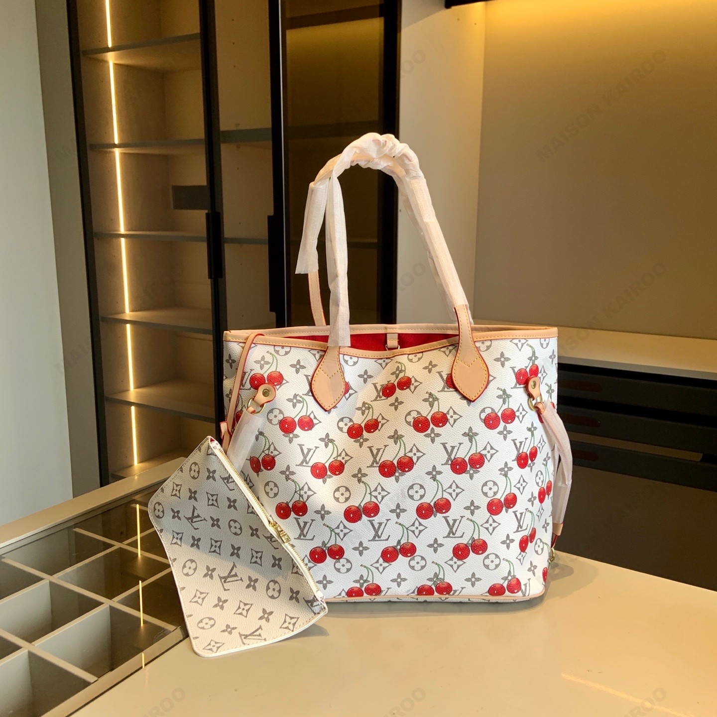 Louis Vuitton LV x TM Neverfull MM White Multicolore Monogram Canvas Leather Cherry Print Tote Bag With Pouch - KAIROO