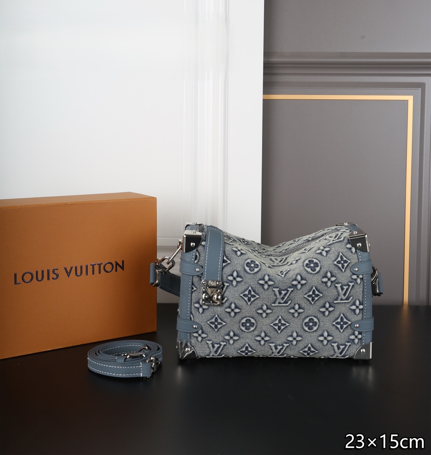Louis Vuitton LV Side Trunk MM Grey Blue Monogram Embossed Denim S-Lock Soft Shoulder Bag - KAIROO