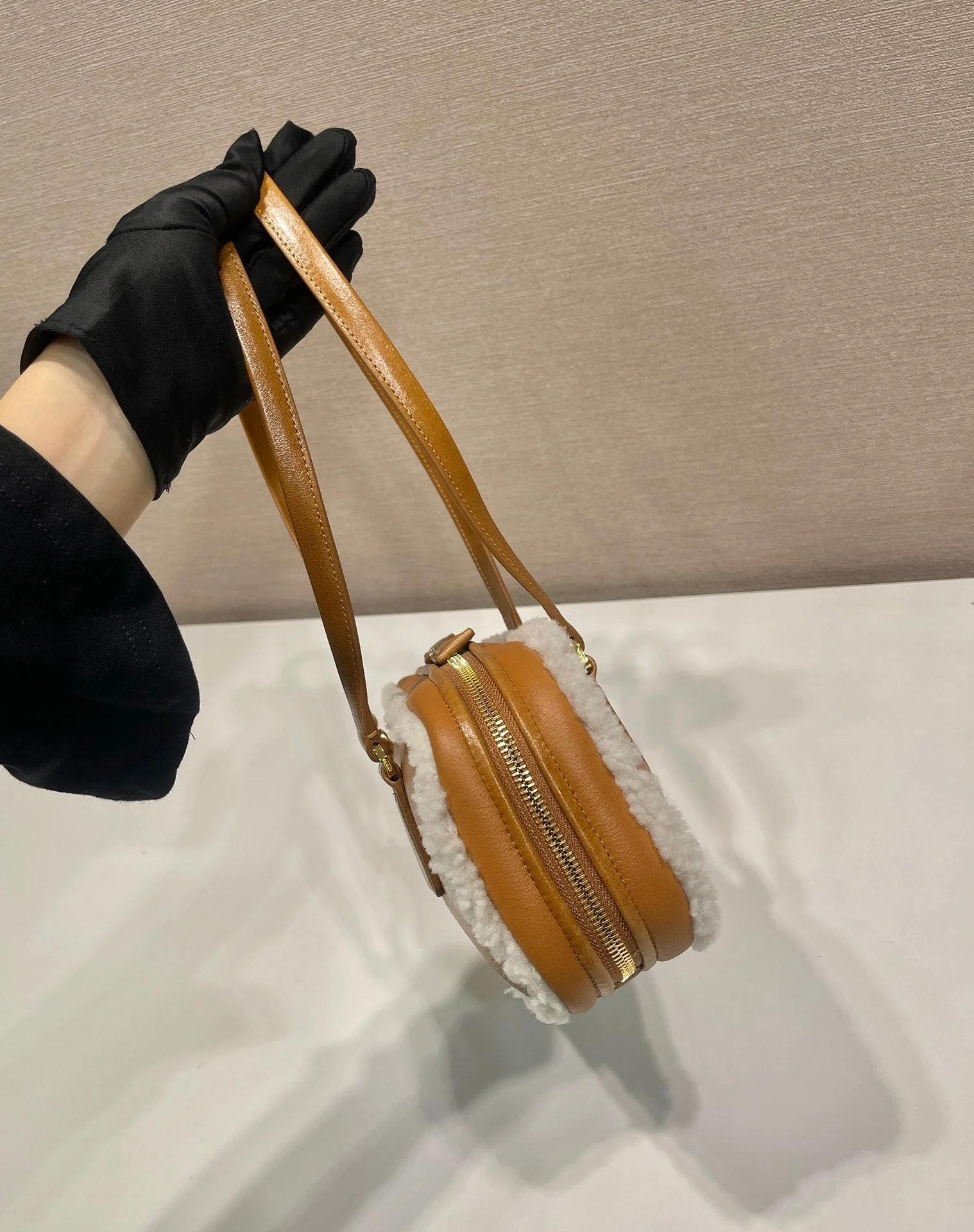 Prada TOP HANDLE BAG 27 IN BRONZE BROWN SHEEPSKIN AND SHEARLING TRIM