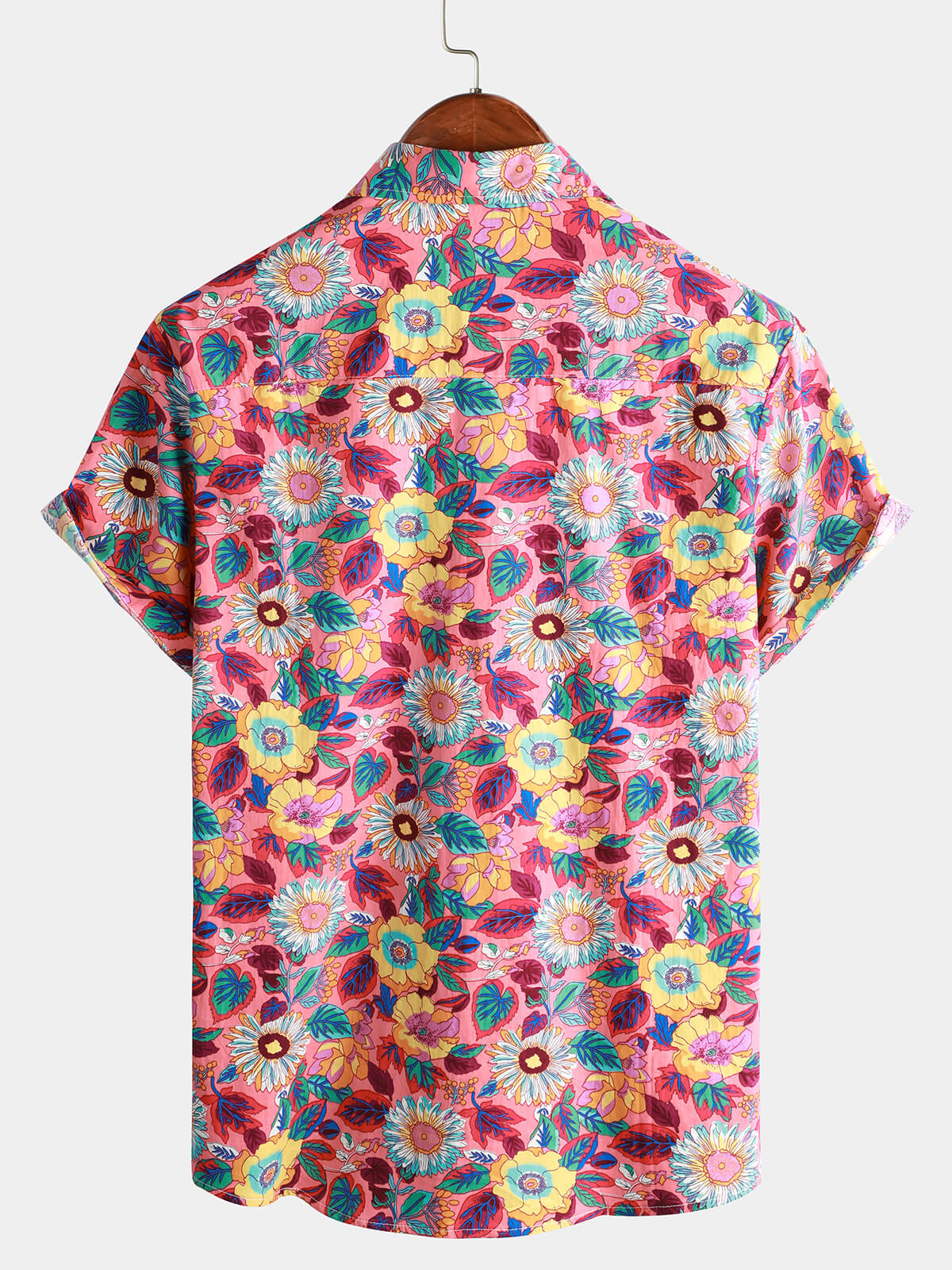 Men's Pink Floral 100% Cotton Breathable Summer Hawaiian Button-Up Short Sleeve Shirt