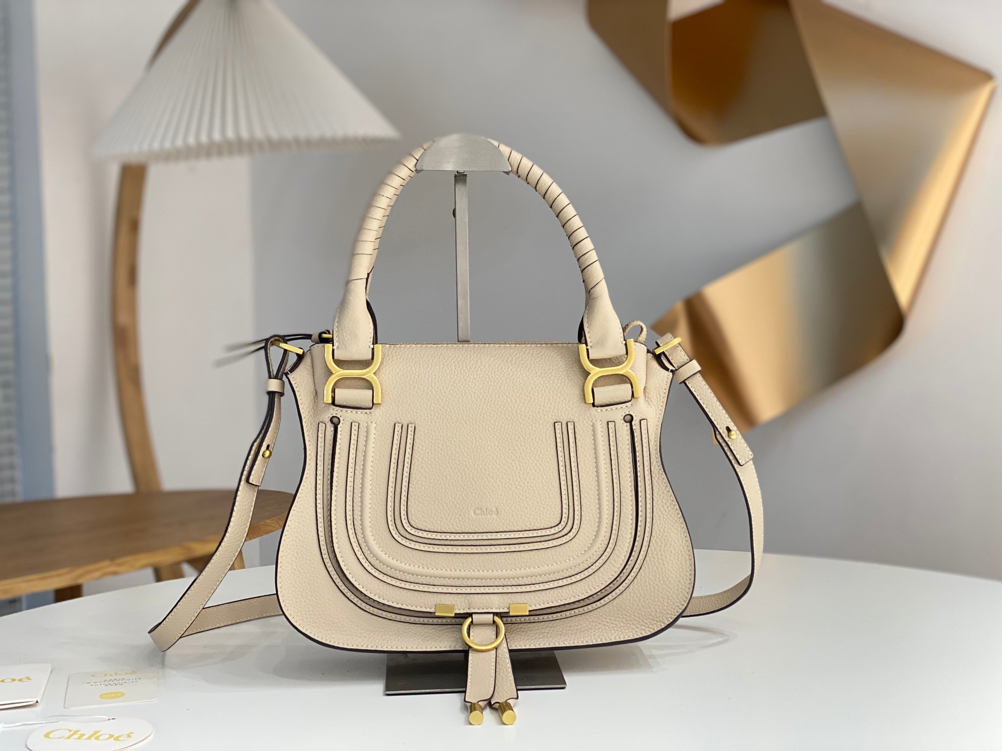 Chloe Small Marcie Bag in Grained Leather-Cream white