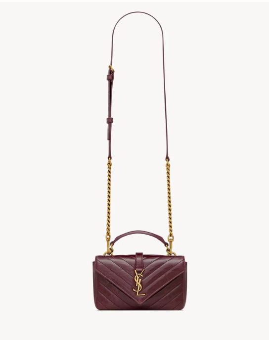 Saint Laurent Rouge Cabernet College Mini Bag in Quilted Shiny Calfskin