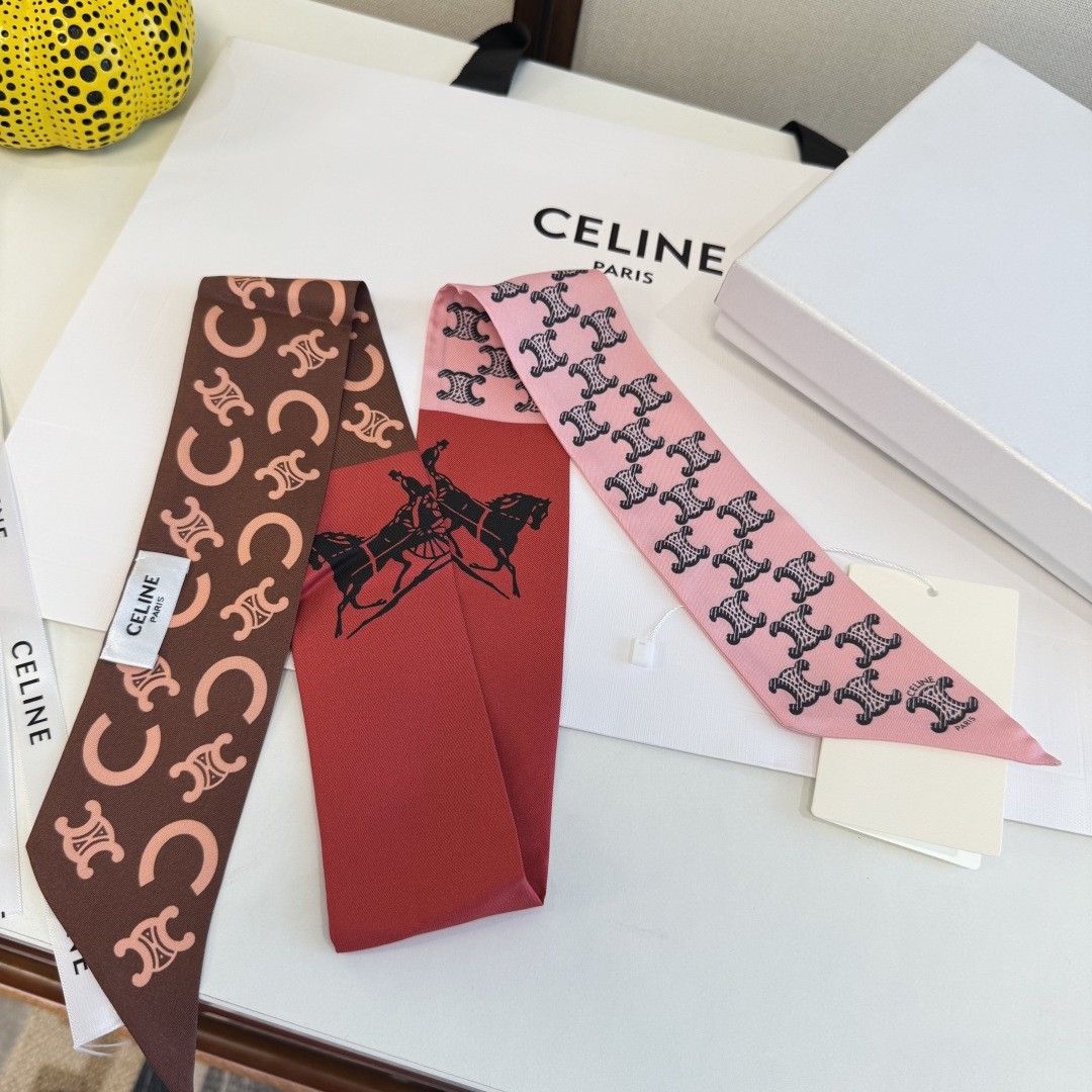 Celine Red Pink Chocolate Carriage Triomphe Monogram Pattern Silk Twill Skinny Scarf - KAIROO