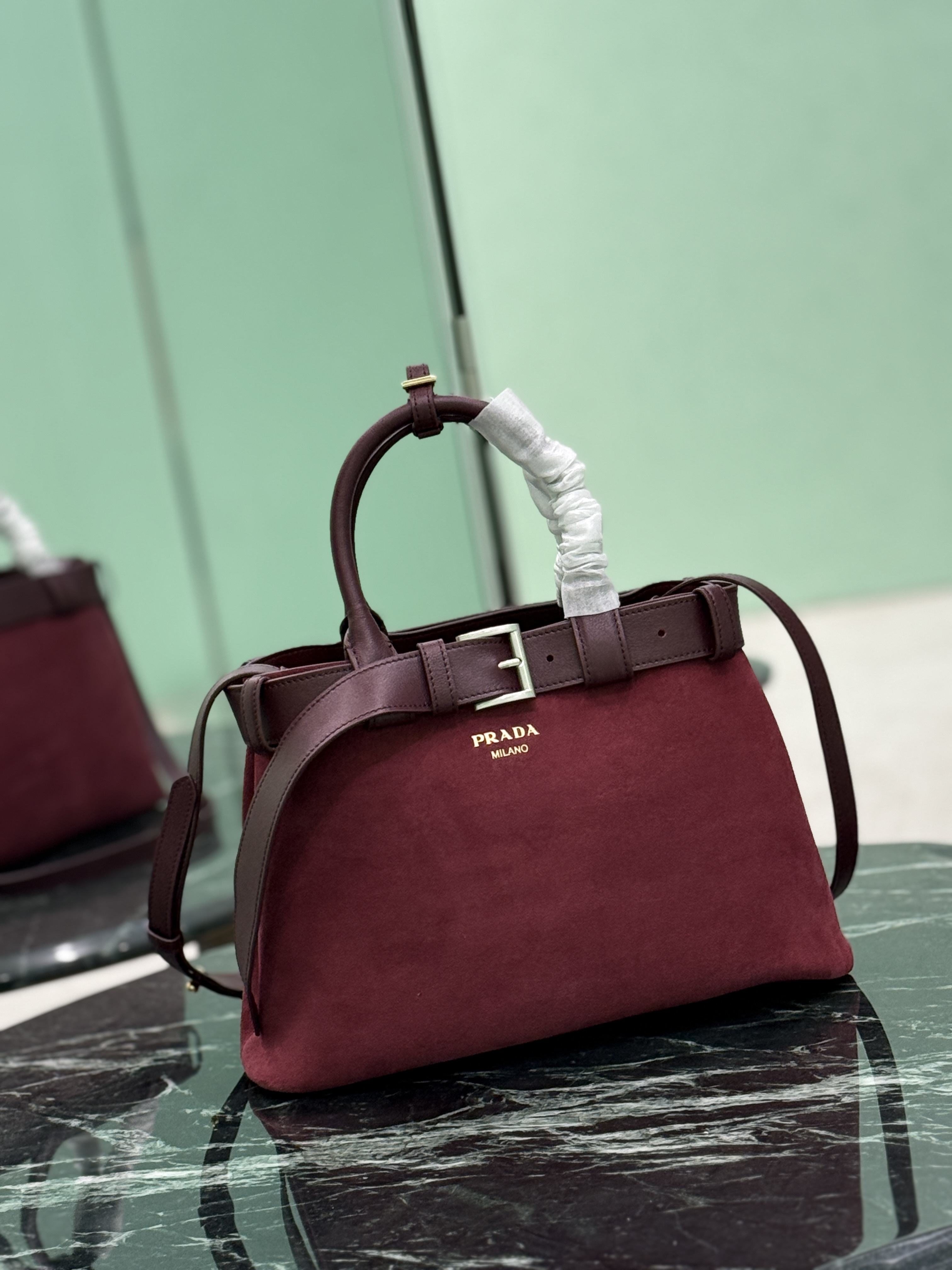 Prada Burgundy Buckle Small suede bag with belt
