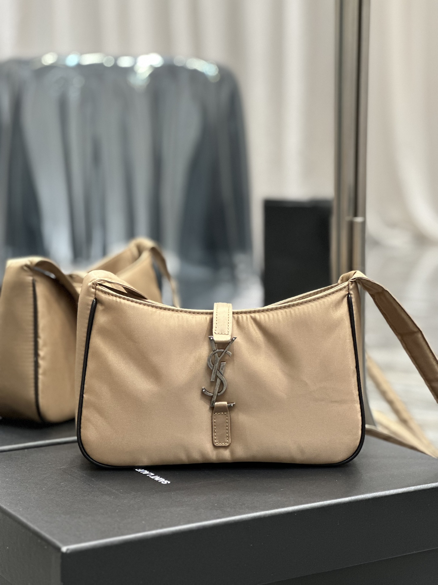 Saint Laurent YSL10A Handbag Shoulder Bag Top Mirror Quality Version Apricot Silver Buckle with Black Trim Nylon