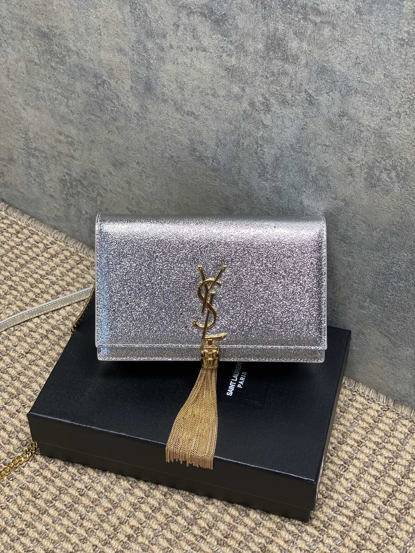 Saint Laurent Diamond-Textured Metallic Leather Chain Shoulder Bag with Gold Tassel - KAIROO